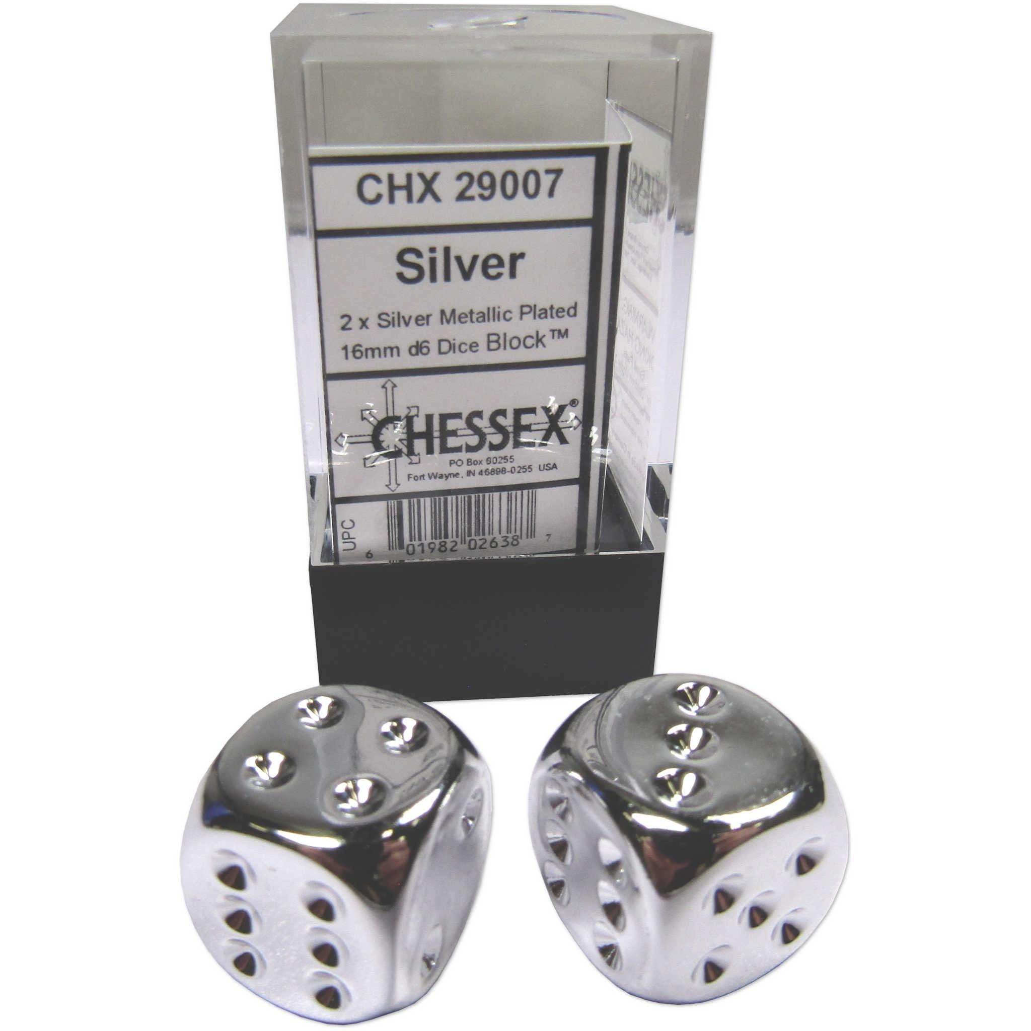 Pair of Chessex Silver Metallic Plated 16mm d6 Six Sided Dice Block CHX 29007