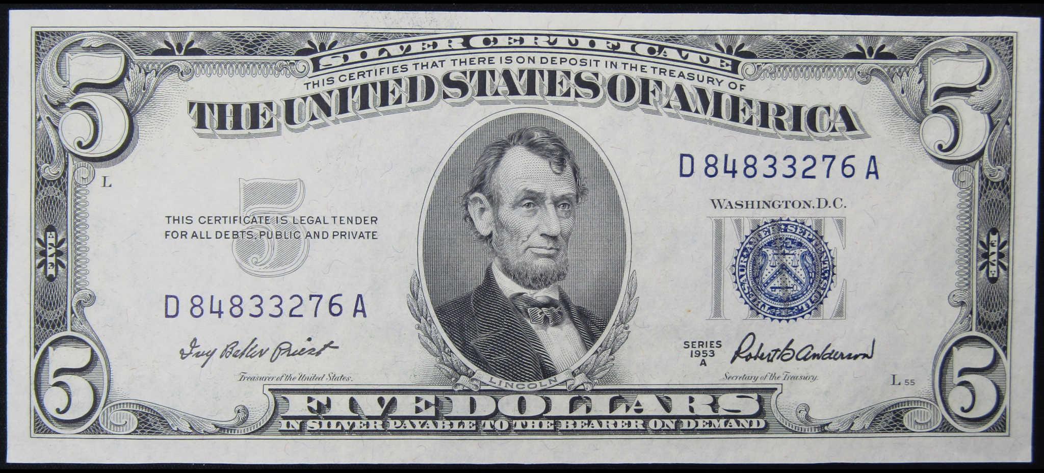 1953A $5 Silver Certificate Small Size Currency CCU Choice Crisp Uncirculated