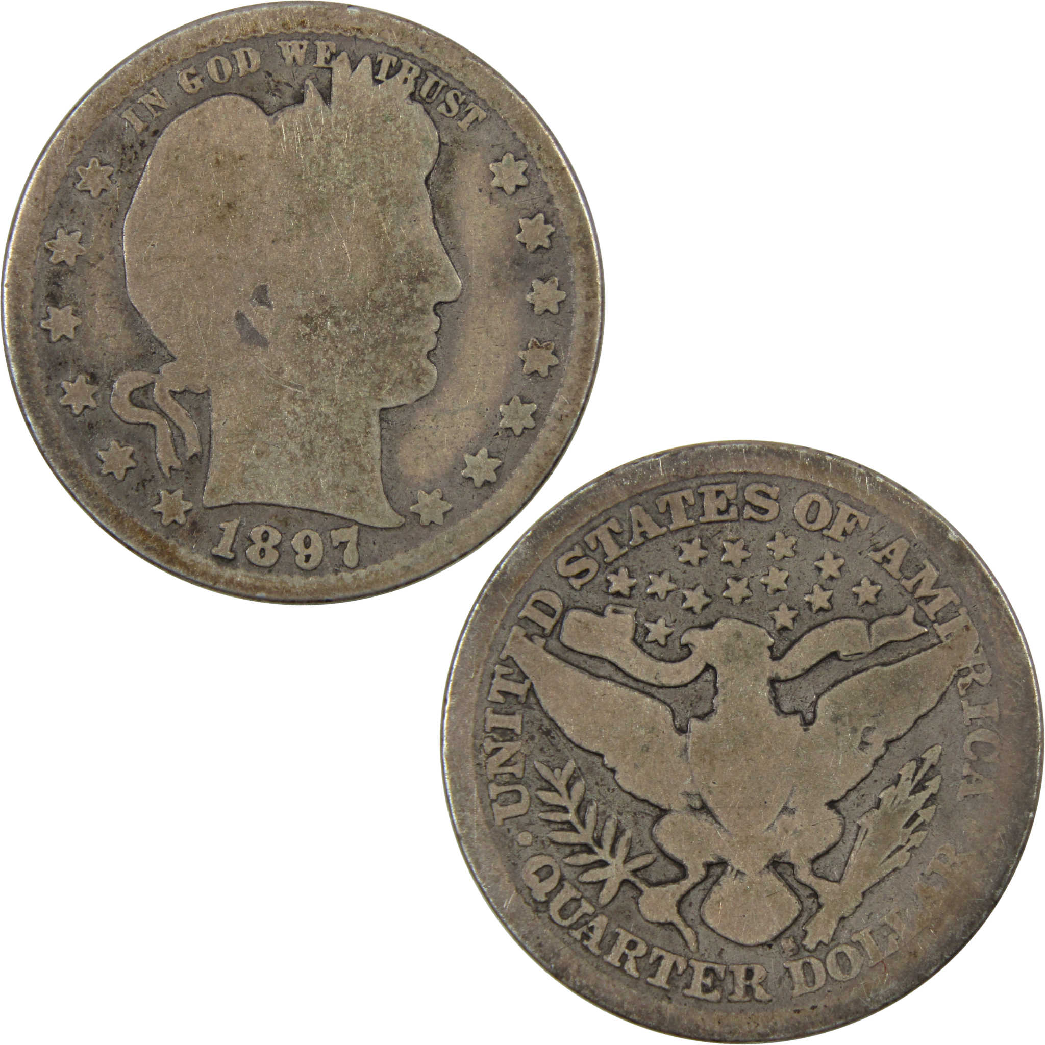 1897 S Barber Quarter G Good 90% Silver 25c Coin SKU:I5342