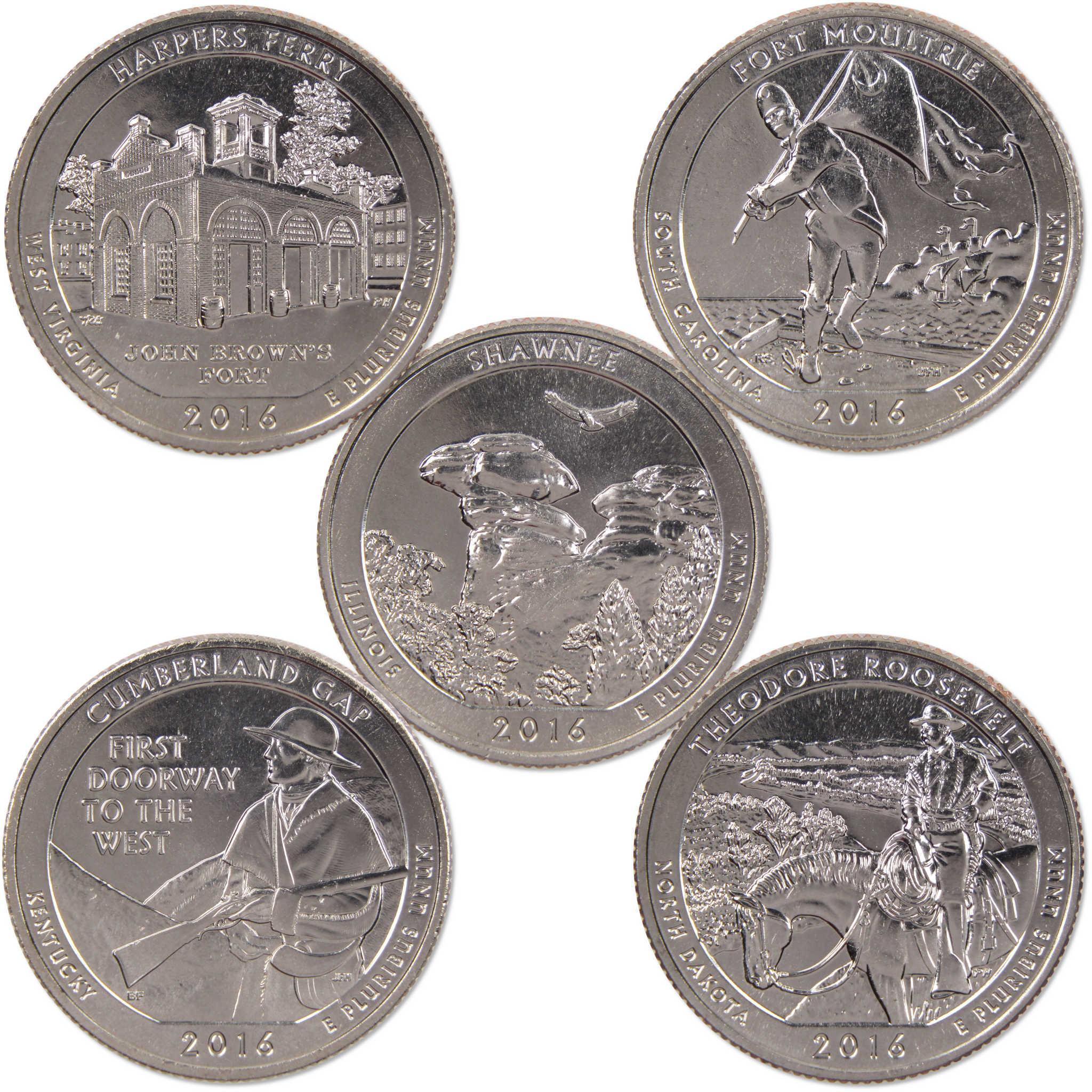 2016 S National Park Quarter 5 Coin Set Uncirculated Mint State Clad 25c