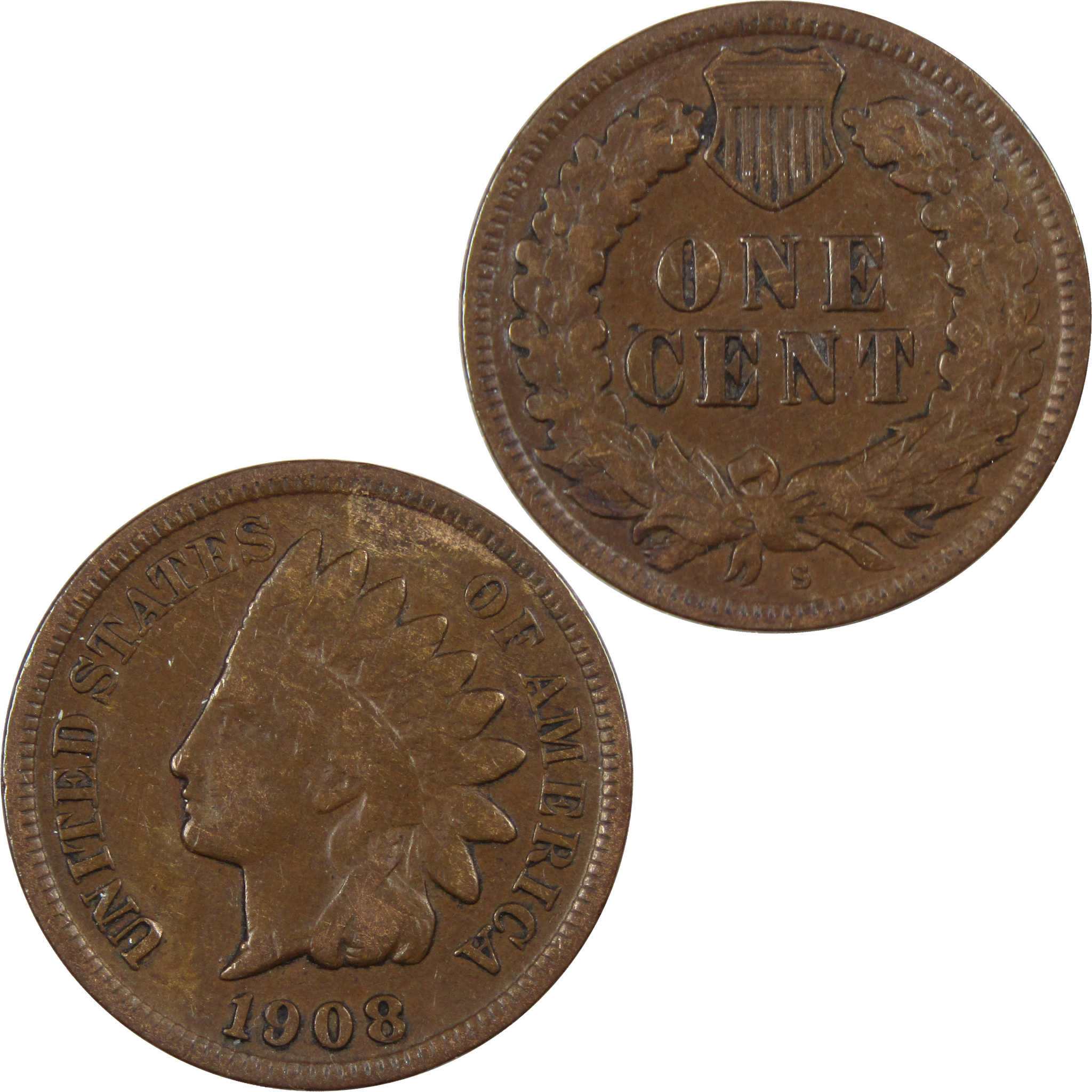 1908 S Indian Head Cent F Fine Penny 1c US Coin Collectible SKU:I669
