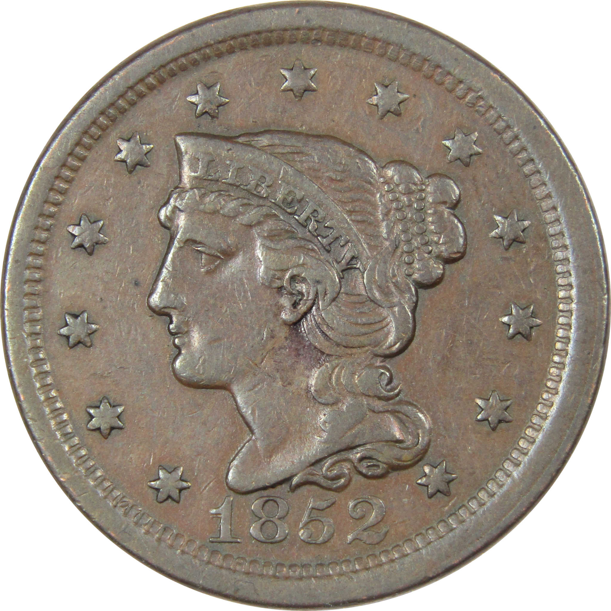 1852 Braided Hair Large Cent F Fine Copper Penny 1c SKU:IPC9076