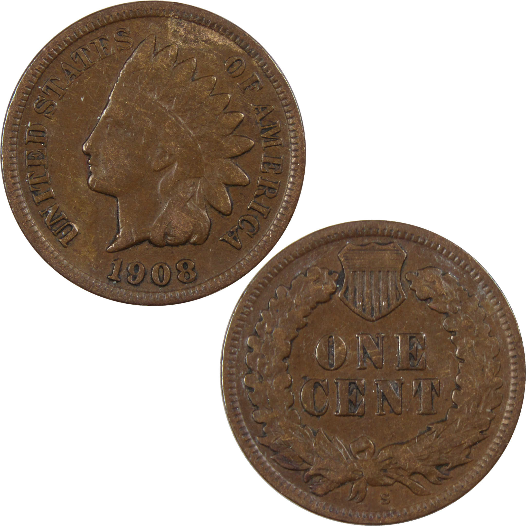 1908 S Indian Head Cent F Fine Penny 1c US Coin Collectible SKU:I669
