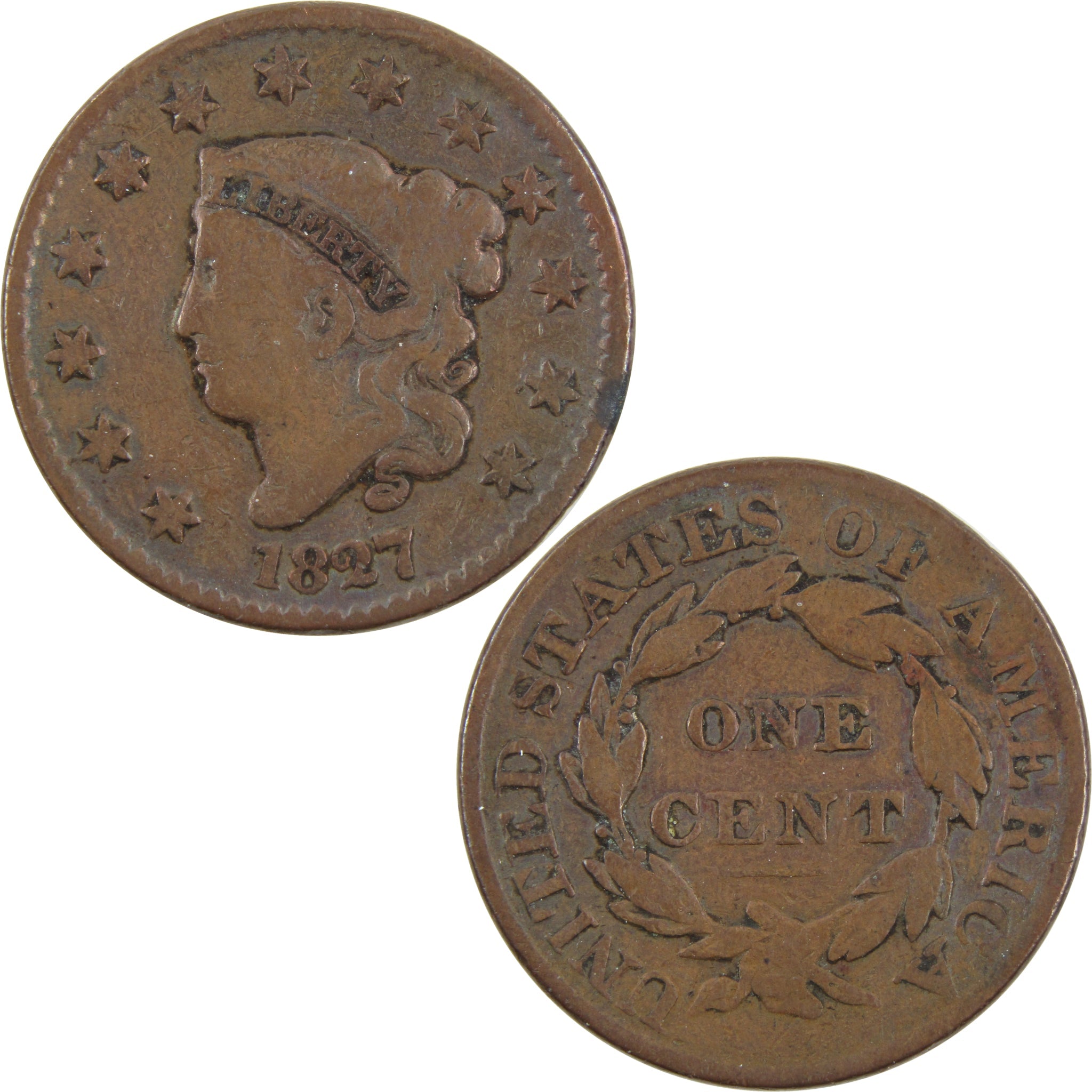 1827 Coronet Head Large Cent VG Very Good Copper Penny Coin SKU:I2586