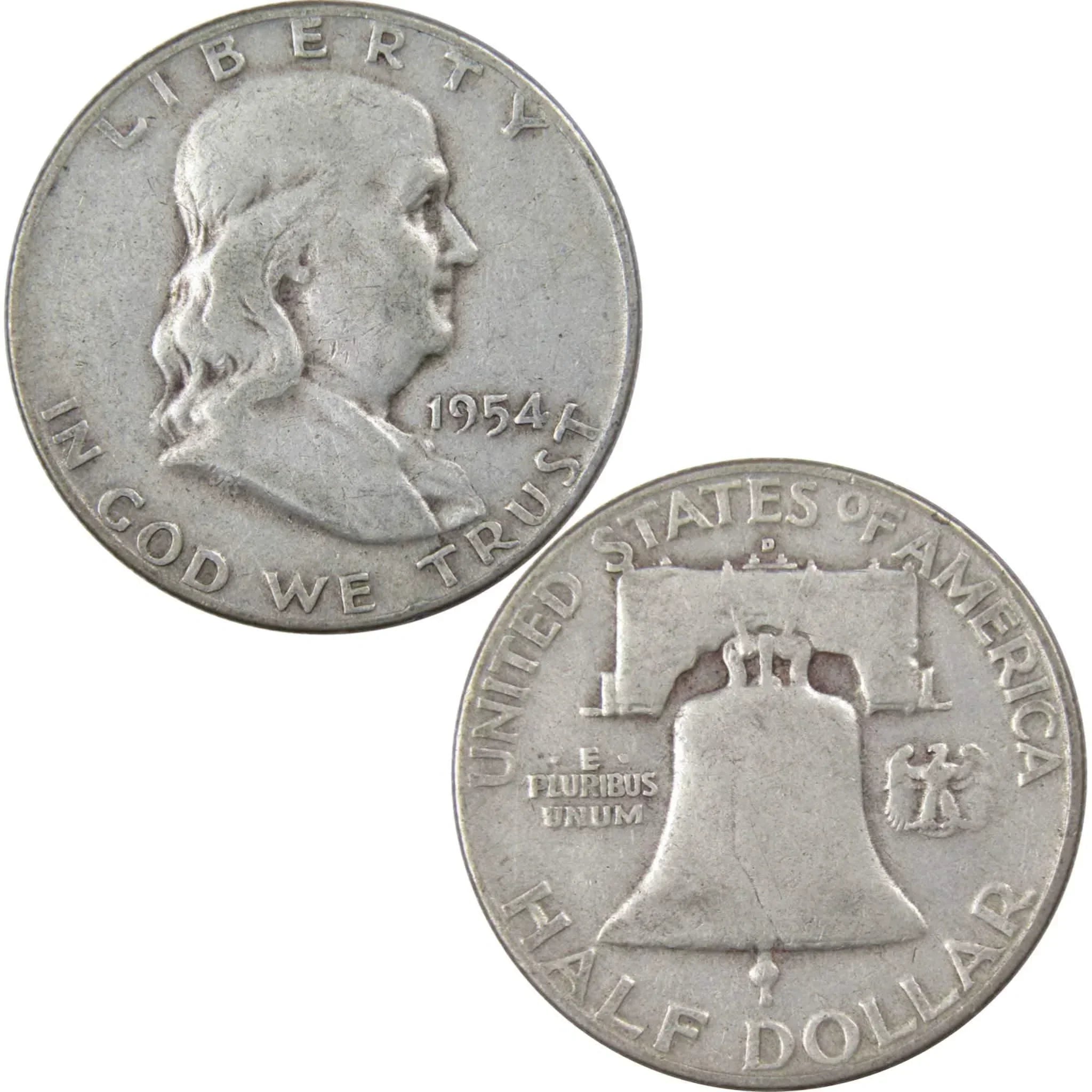 1954 D Franklin Half Dollar F Fine 90% Silver 50c US Coin Collectible