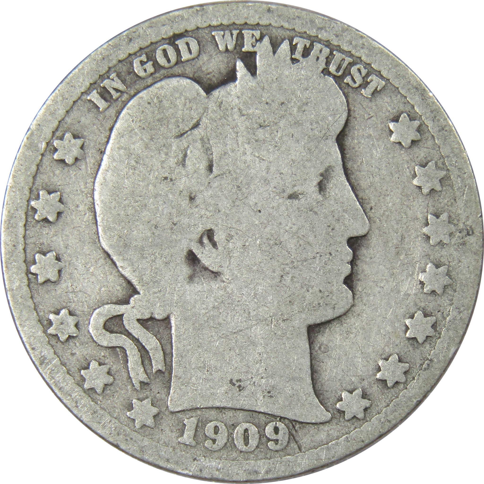 1909 Barber Quarter AG About Good 90% Silver 25c US Type Coin Collectible