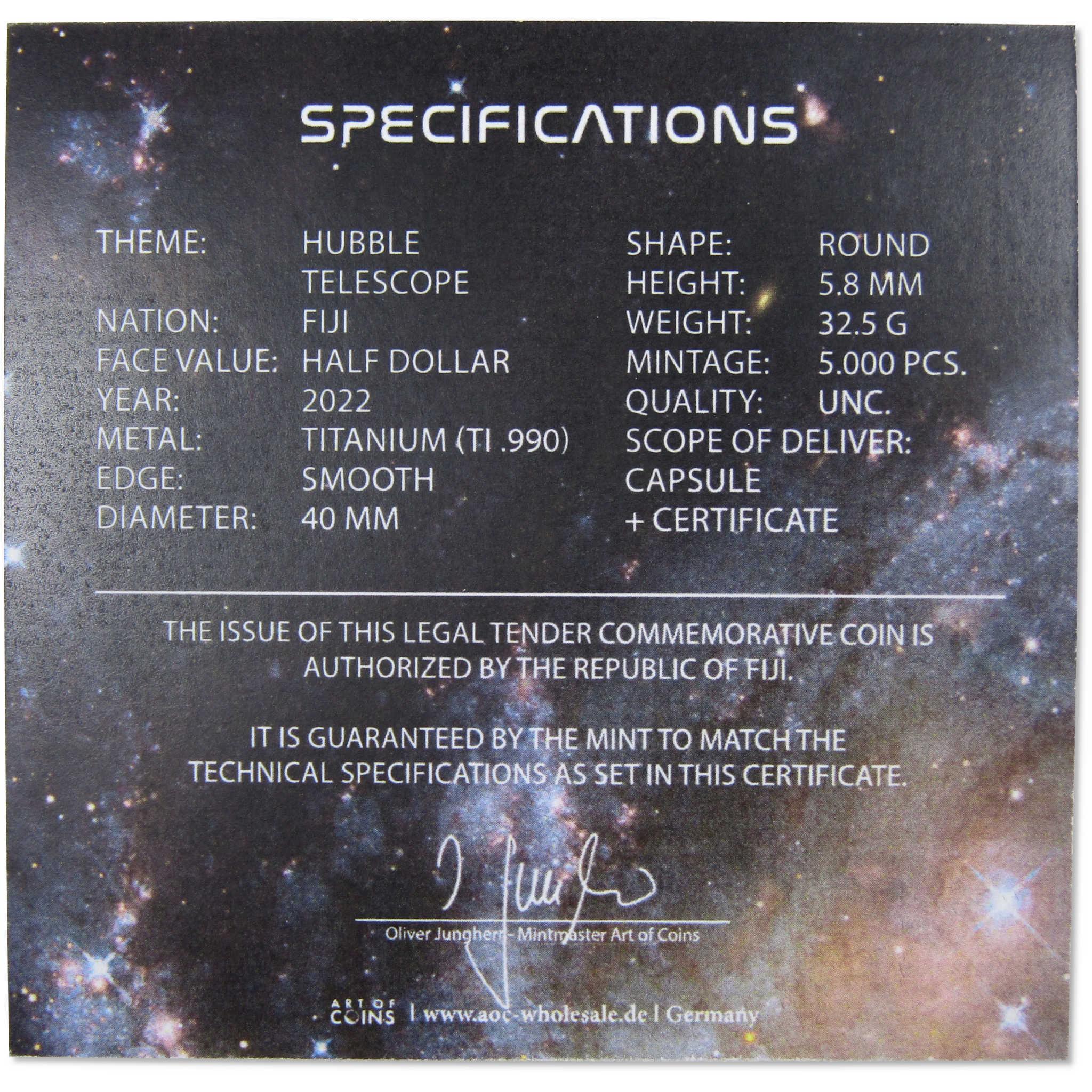 Hubble Space Telescope Half Dollar Uncirculated Titanium 50c Coin 2022 Fiji COA