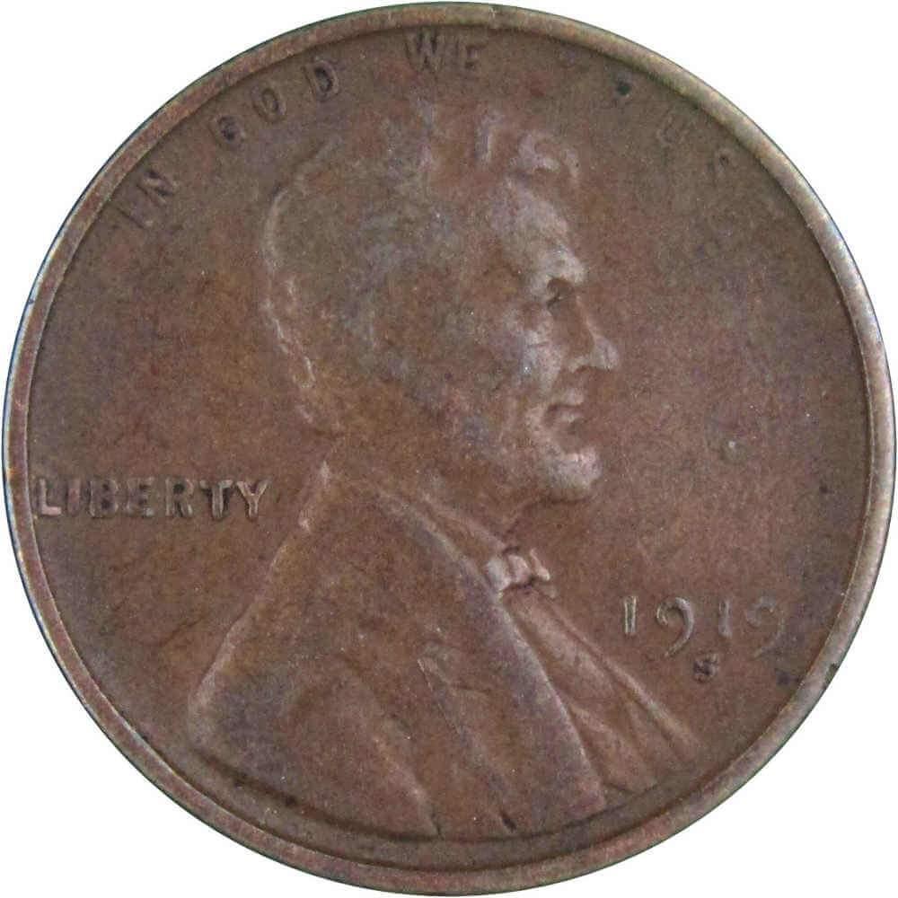 1919 S Lincoln Wheat Cent F Fine Bronze Penny 1c Coin Collectible