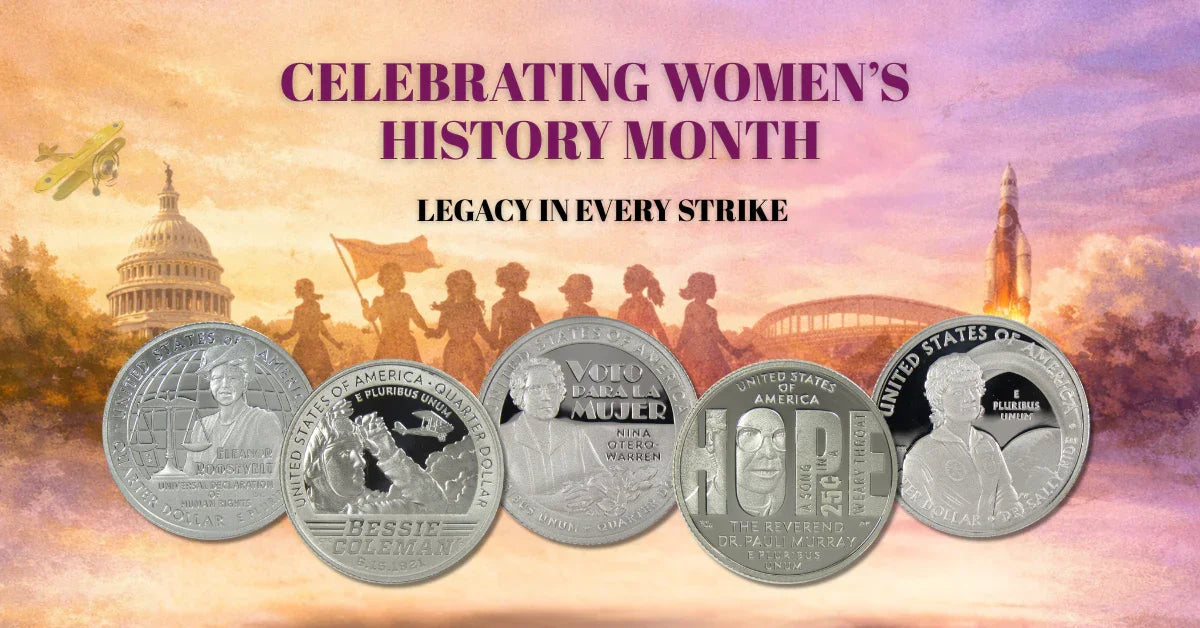 Women's History Month collectible coins featuring influential American women, US landmarks background