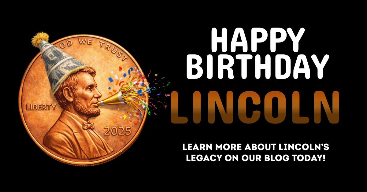 Abraham Lincoln penny with 2025 date, wearing a party hat and blowing a party horn, birthday celebration theme