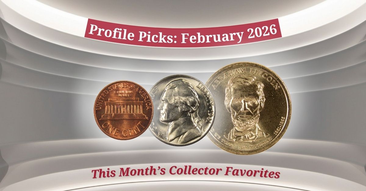 Three collectible coins including penny, nickel, and Abraham Lincoln coin, February 2026 picks.