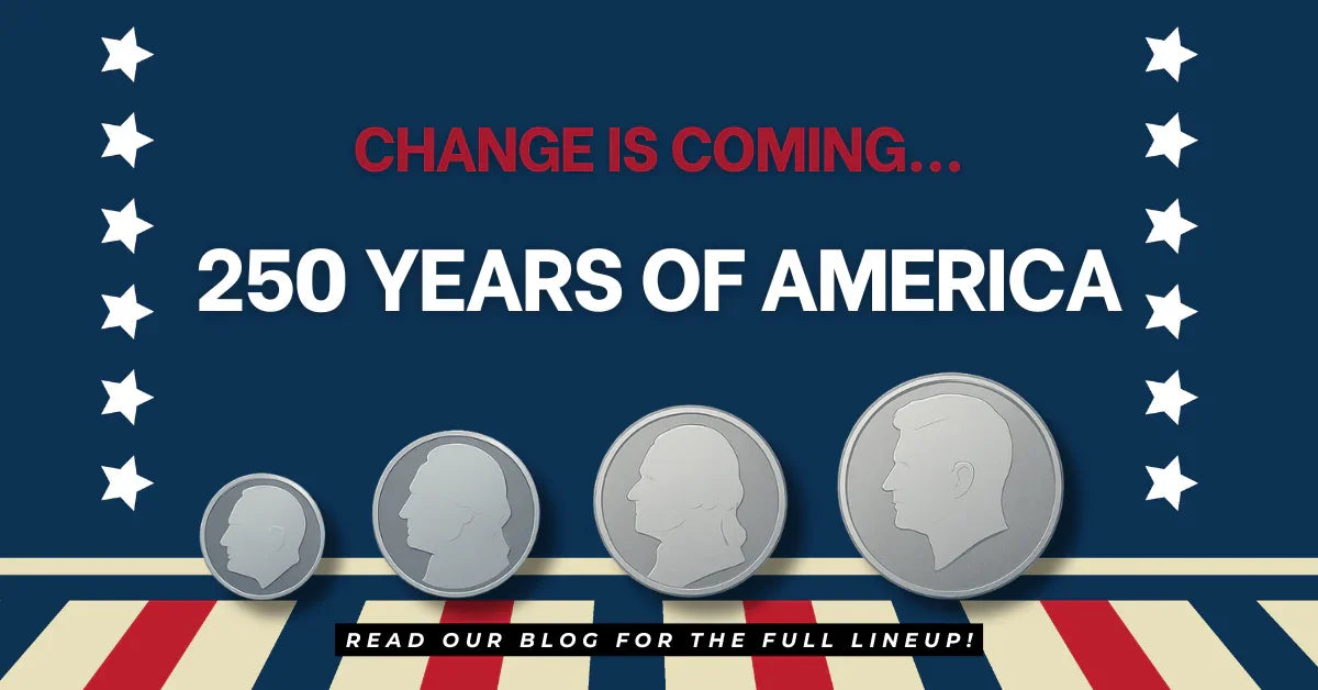 American collectible coins with text celebrating 250 years of America, patriotic background.