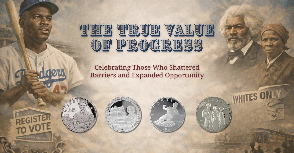 Commemorative coins honoring historic barrier breakers with portraits and civil rights imagery.