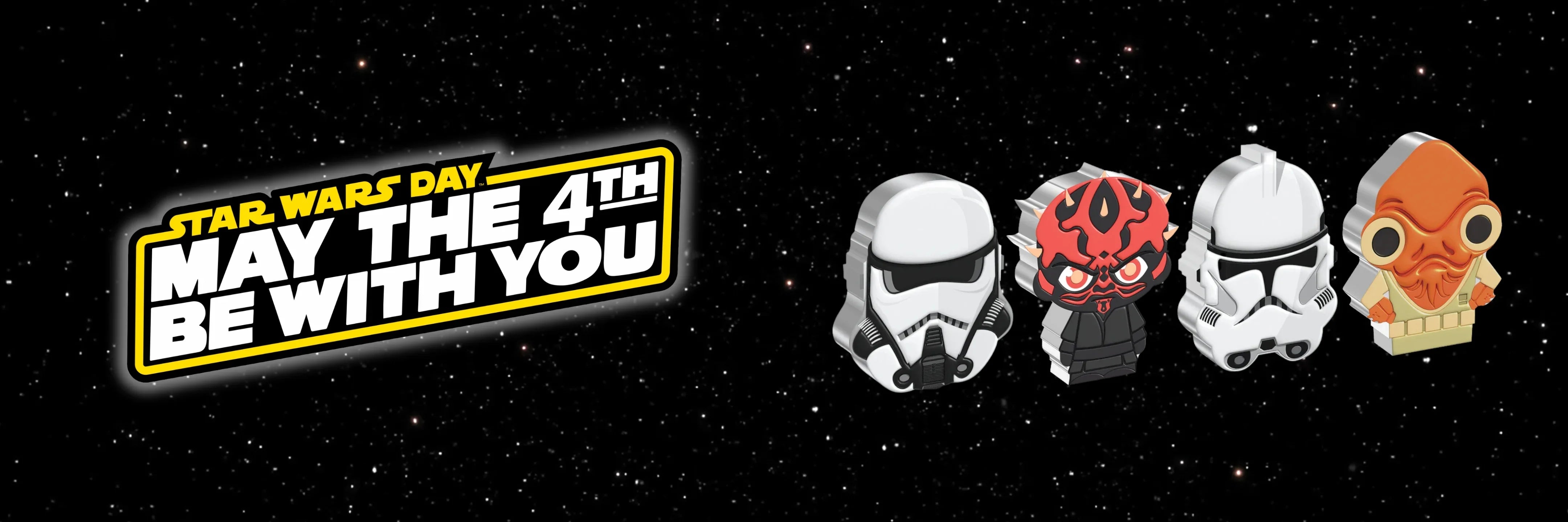 Star Wars Day May the 4th Be With You banner with collectible coin characters on starry background