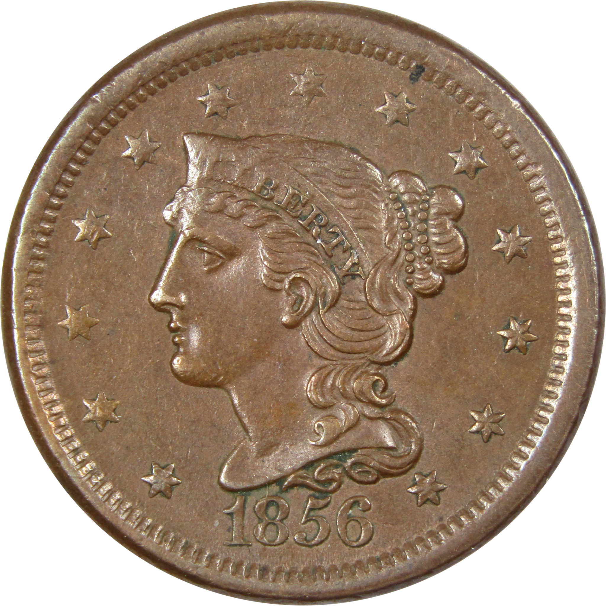 1856 Slanting 5 Braided Hair Large Cent AU Copper Penny 1c SKU:IPC3931
