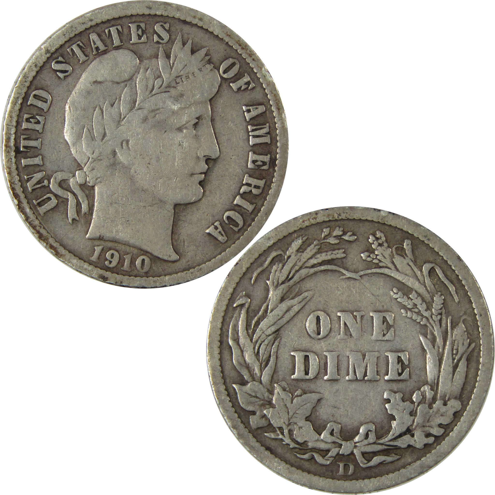 1910 D Barber Silver Dime F Fine Details 10c Coin SKU:CP1008