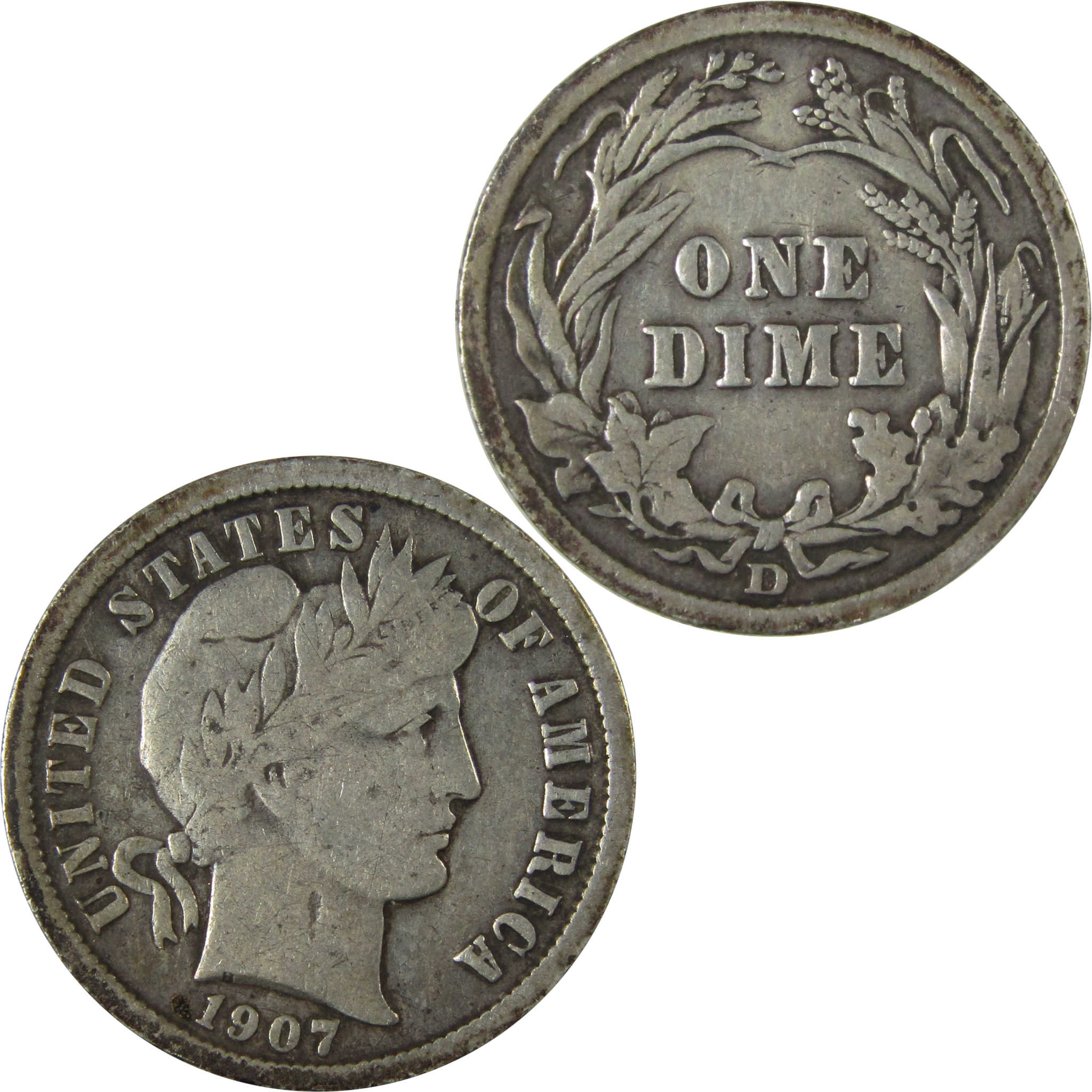 1907 D Barber Silver Dime F Fine Details 10c Coin SKU:CP1016