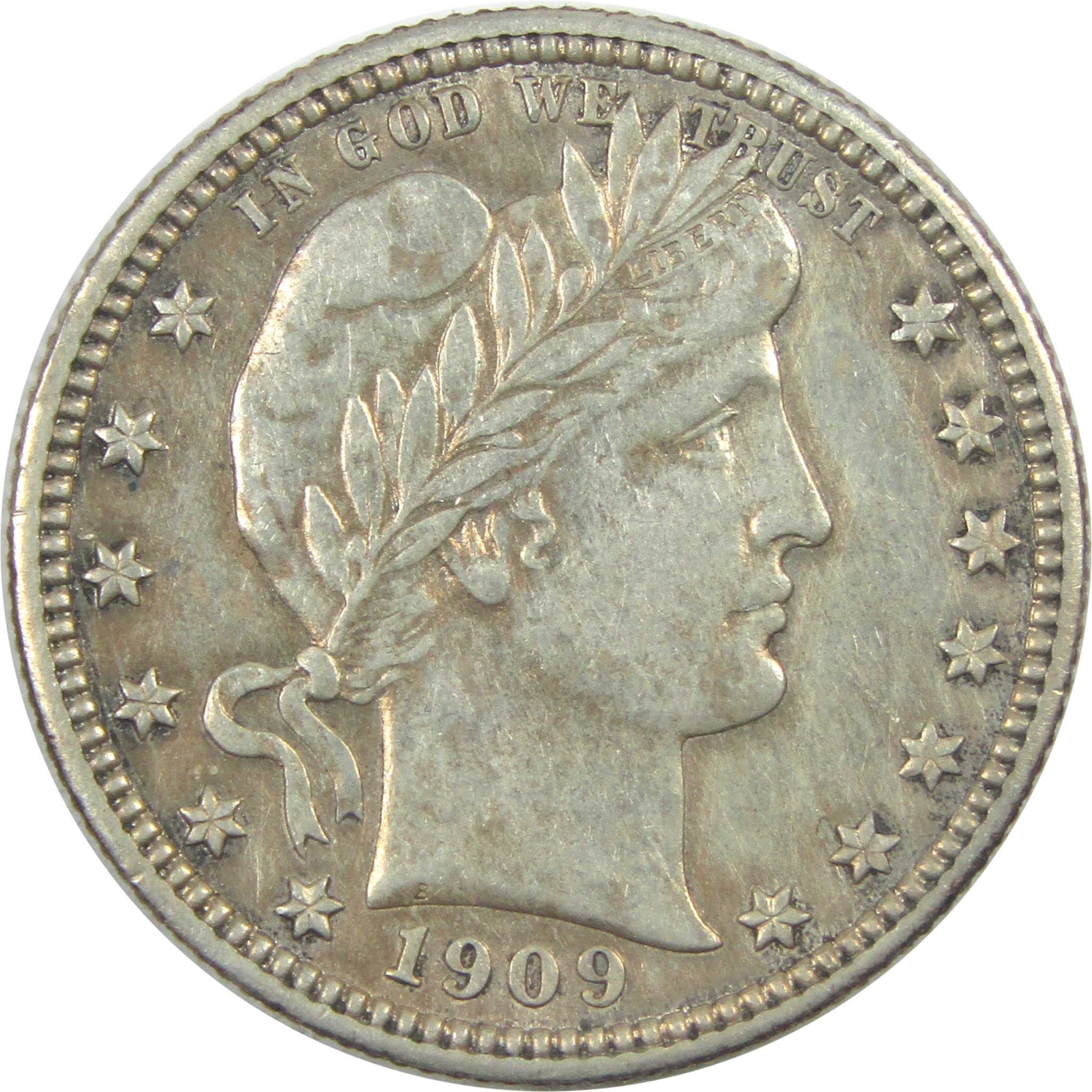 1909 Barber Quarter AU About Uncirculated Silver 25c Coin SKU:I15345