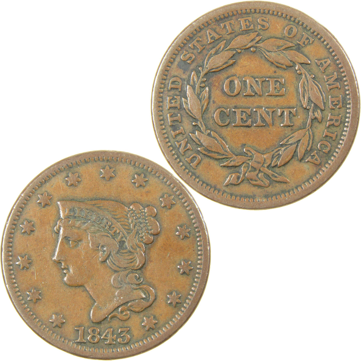 1843 Petite Head Small Letters Braided Hair Copper 1c VF Very Fine
