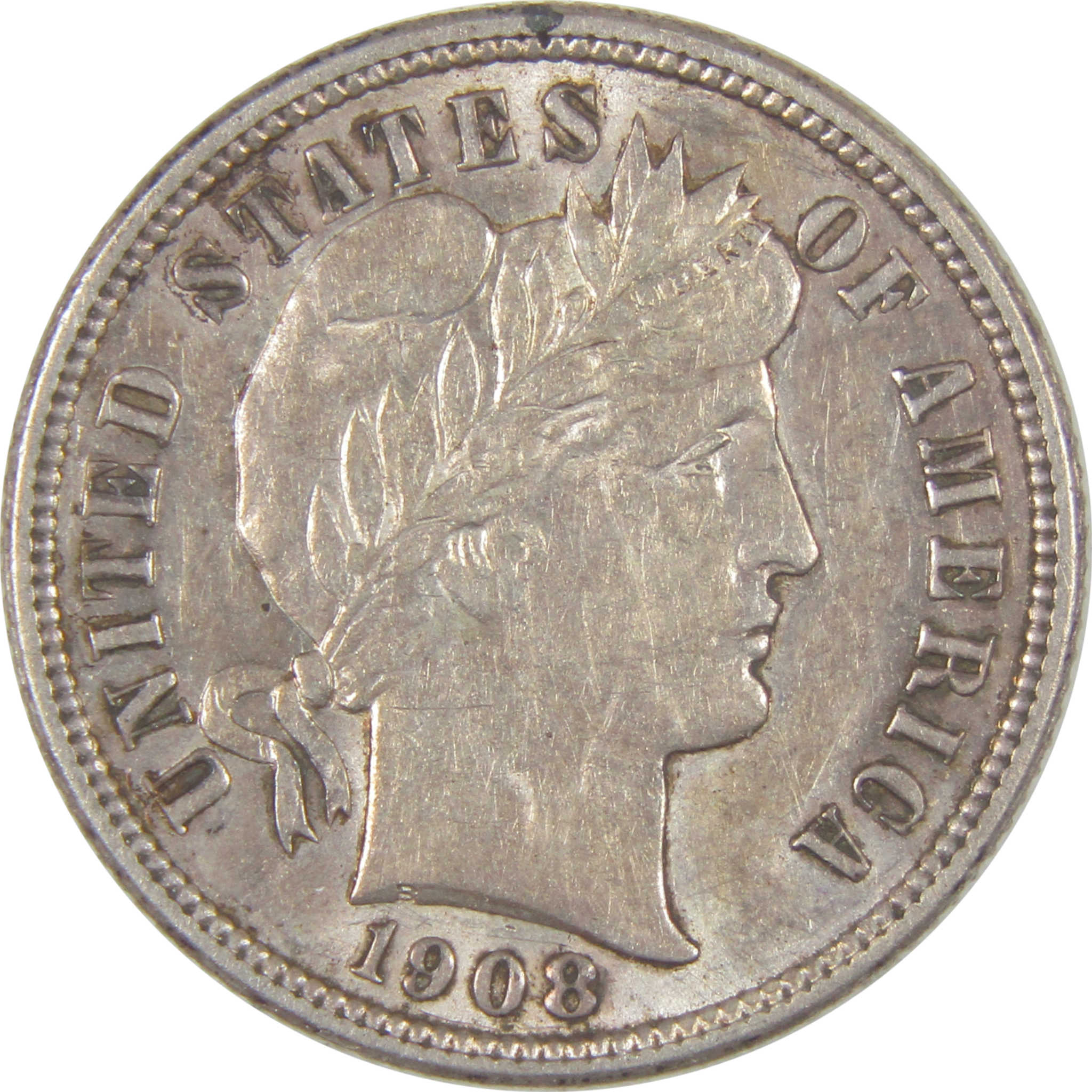 1908 Barber Dime AU About Uncirculated Silver 10c Coin SKU:I16834