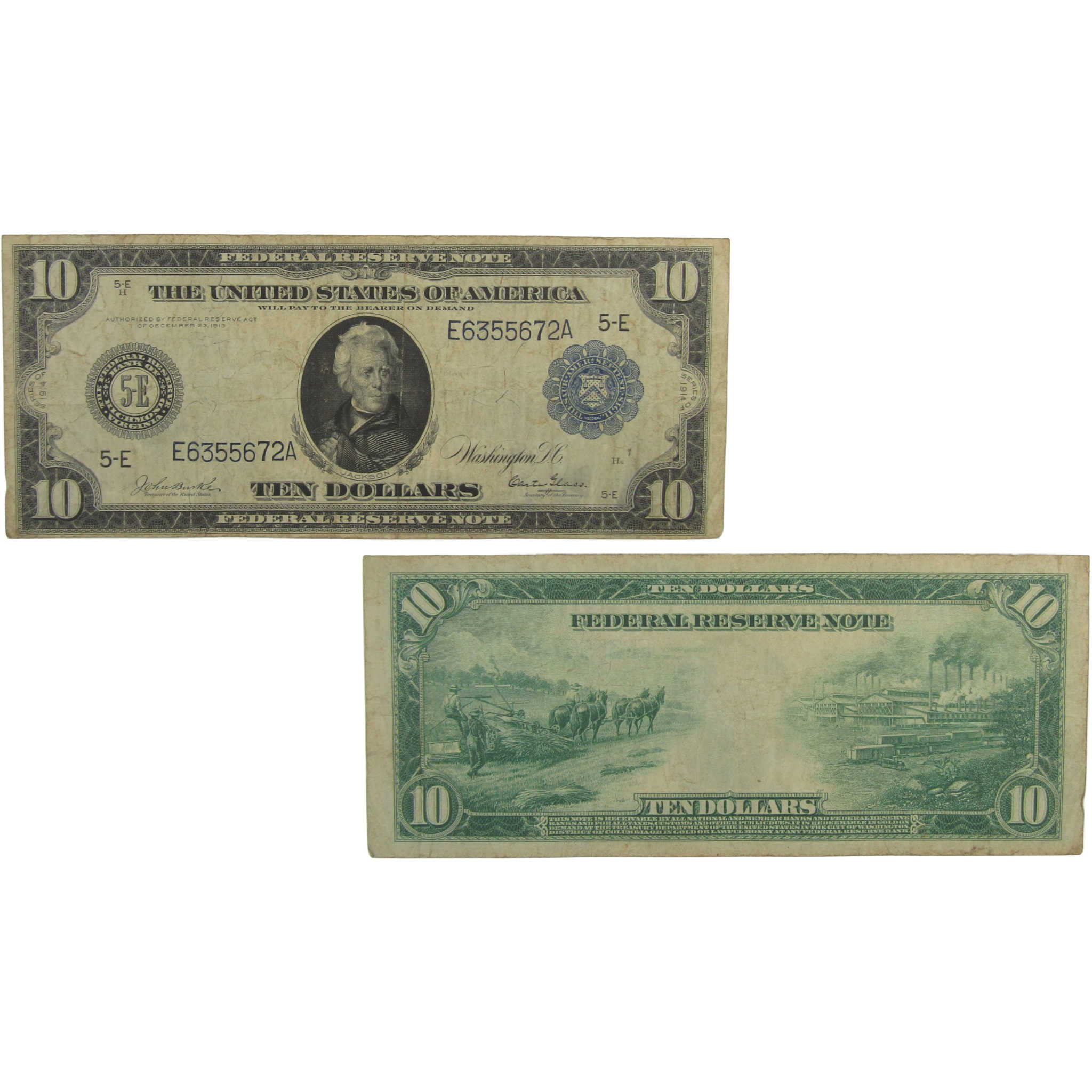 1914 $10 Large Size Federal Reserve Note Fr 921 F Fine Currency