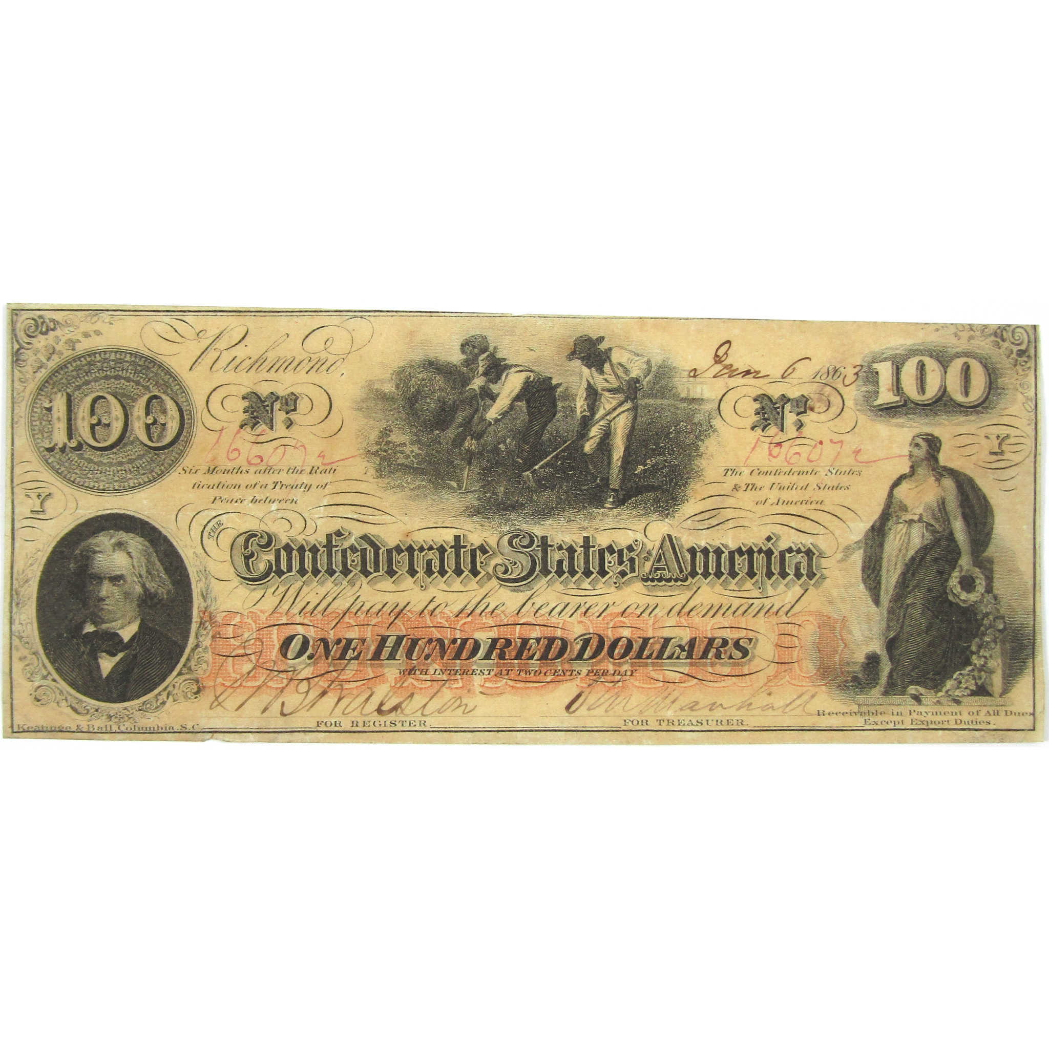 1863 $100 Confederate Note T56 Currency