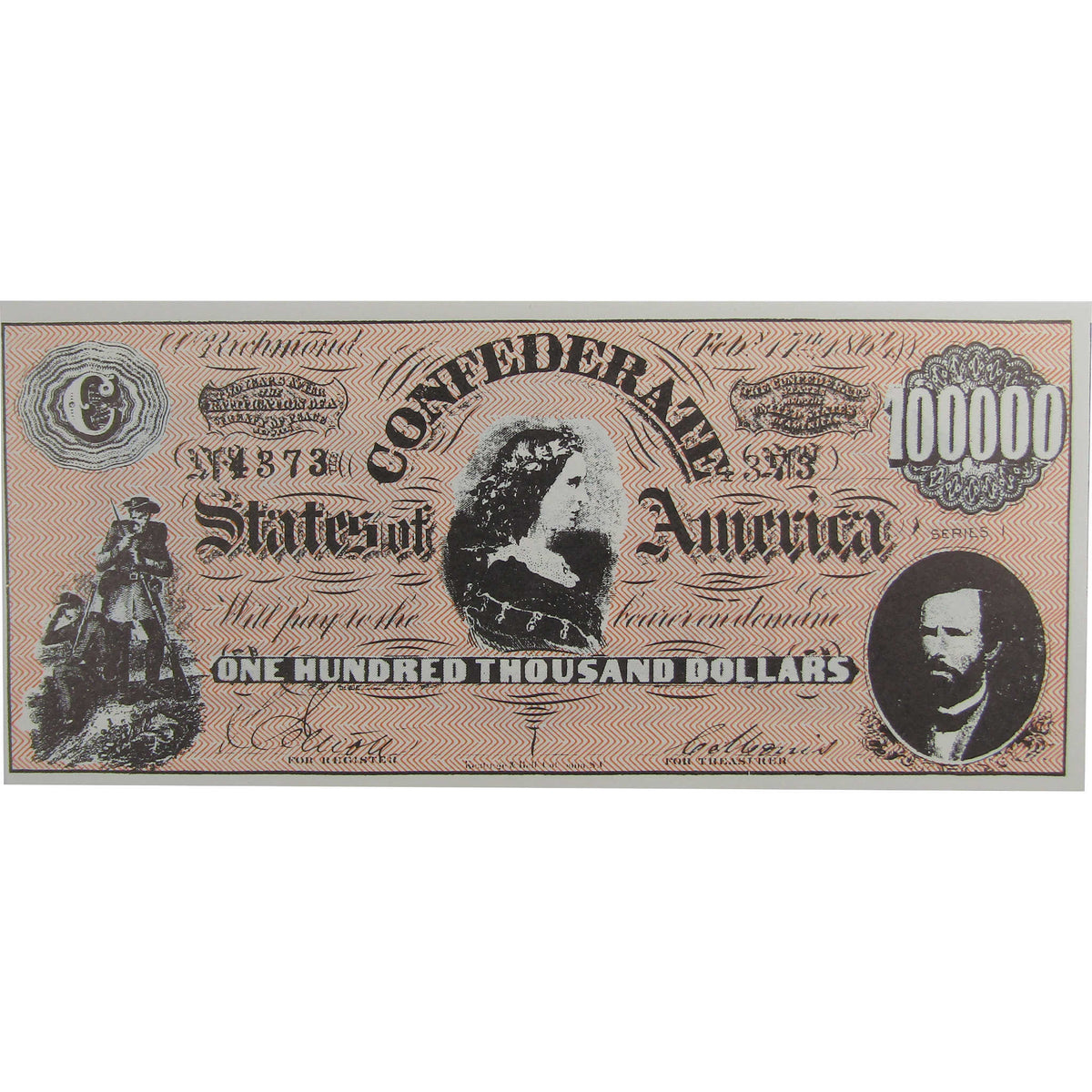 1864 Confederate Sates of America $100,000 Fantasy Note