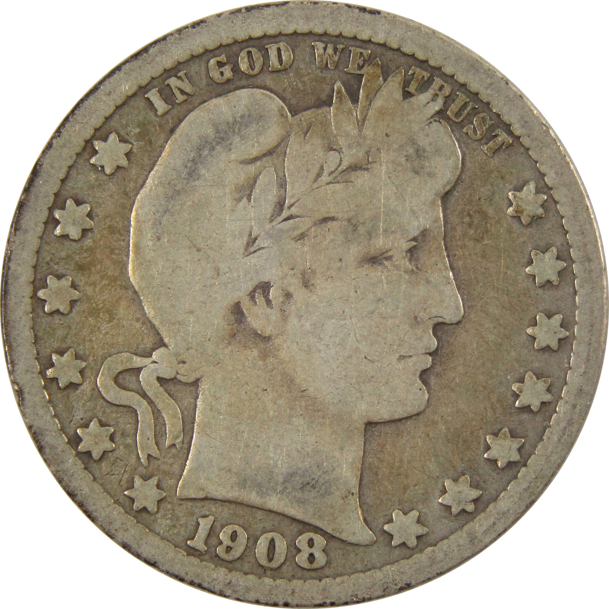 1908 S Barber Quarter G Good 90% Silver 25c Coin SKU:I9910