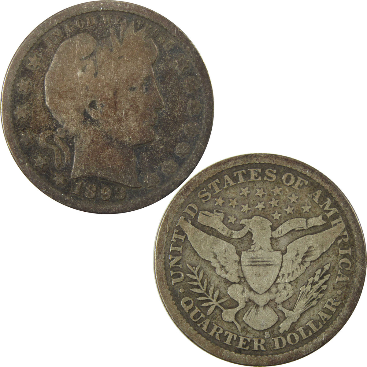 1893 S Barber Silver Quarter G Good 25c Coin Collectible SKU:I28542