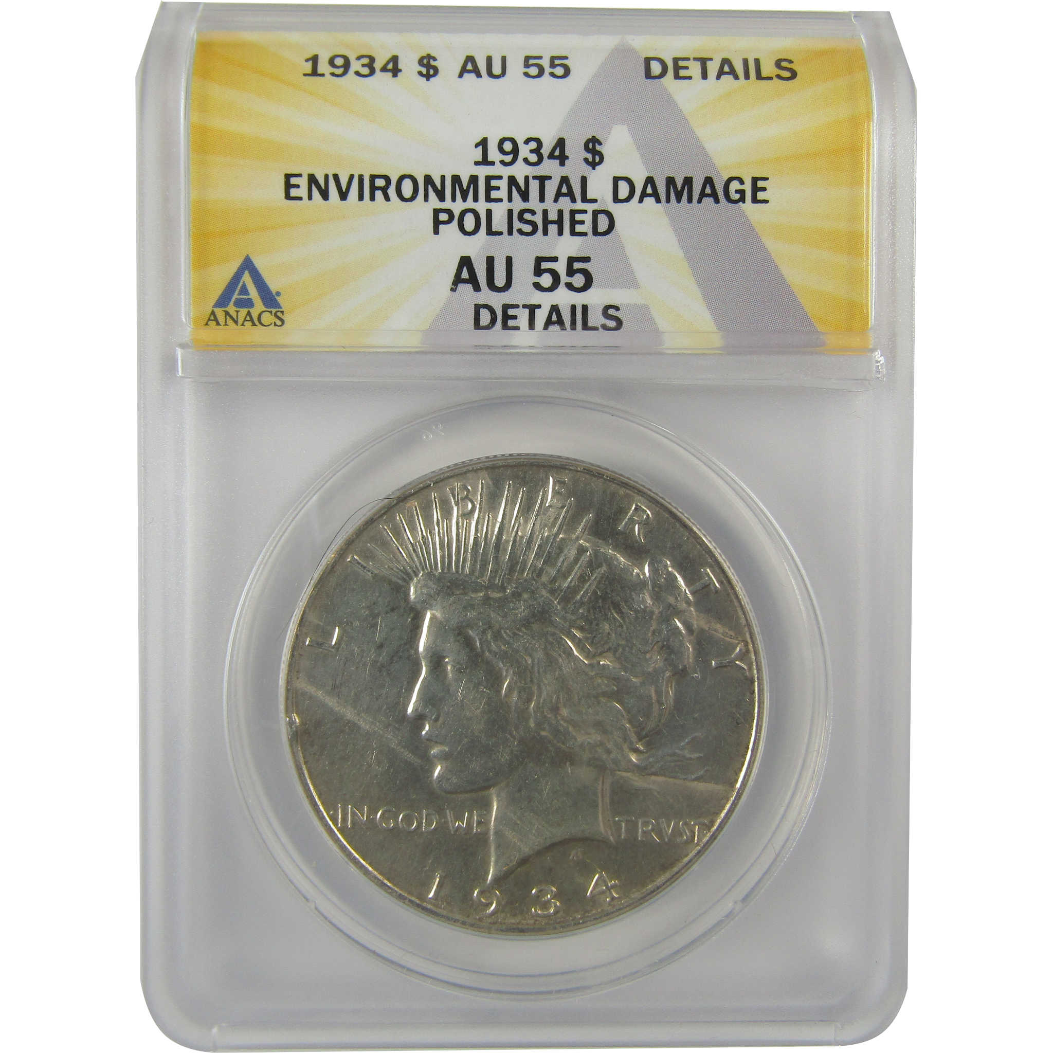 1934 Peace Dollar AU 55 Details ANACS Silver $1 Coin SKU:I21535