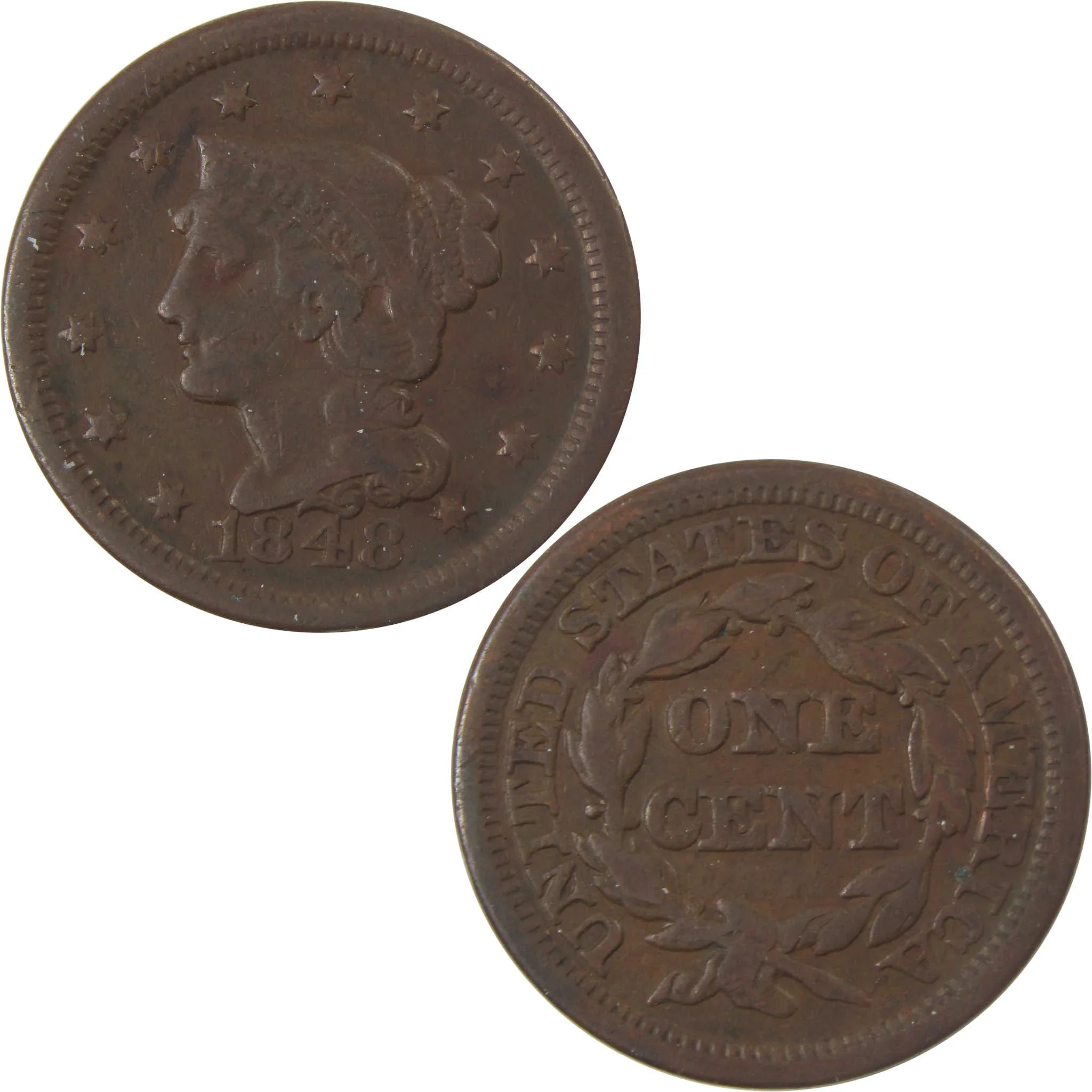 1848 Braided Hair Copper Large Cent F Fine Penny 1c Coin SKU:I25259