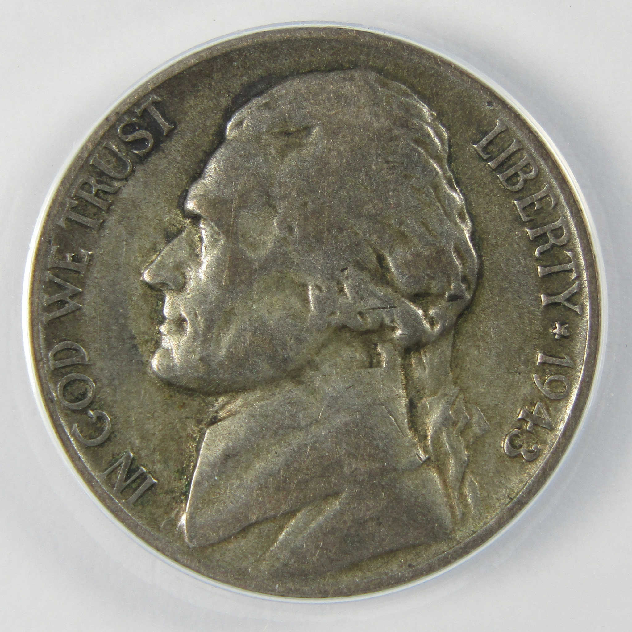 1943 P Jefferson Wartime Silver Nickel VF 30 ANACS 5c Coin SKU:I25629