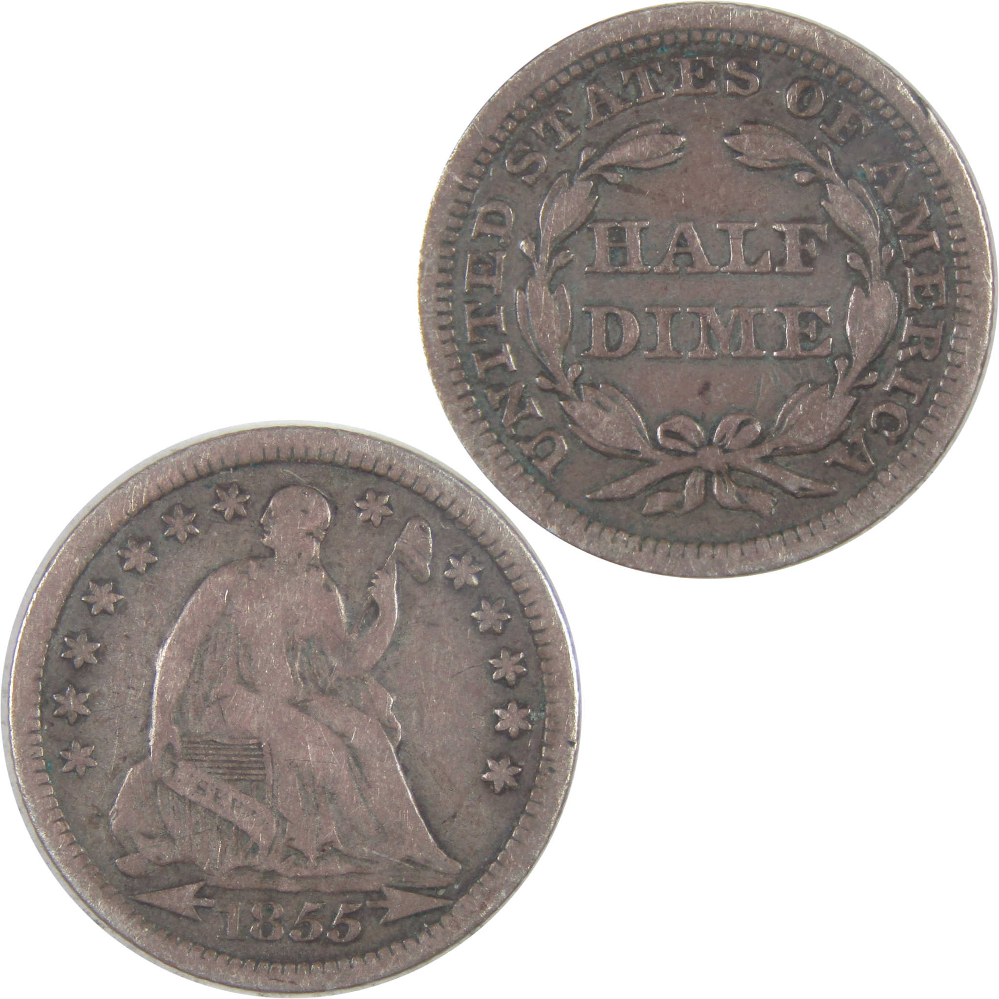 1855 Seated Liberty Half Dime F Fine Silver 5c Coin SKU:I16846