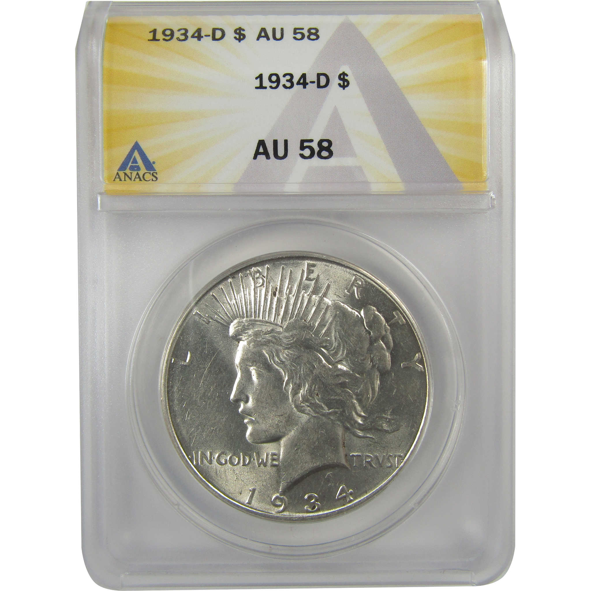 1934 D Peace Dollar AU 58 ANACS Silver $1 Coin SKU:I20426