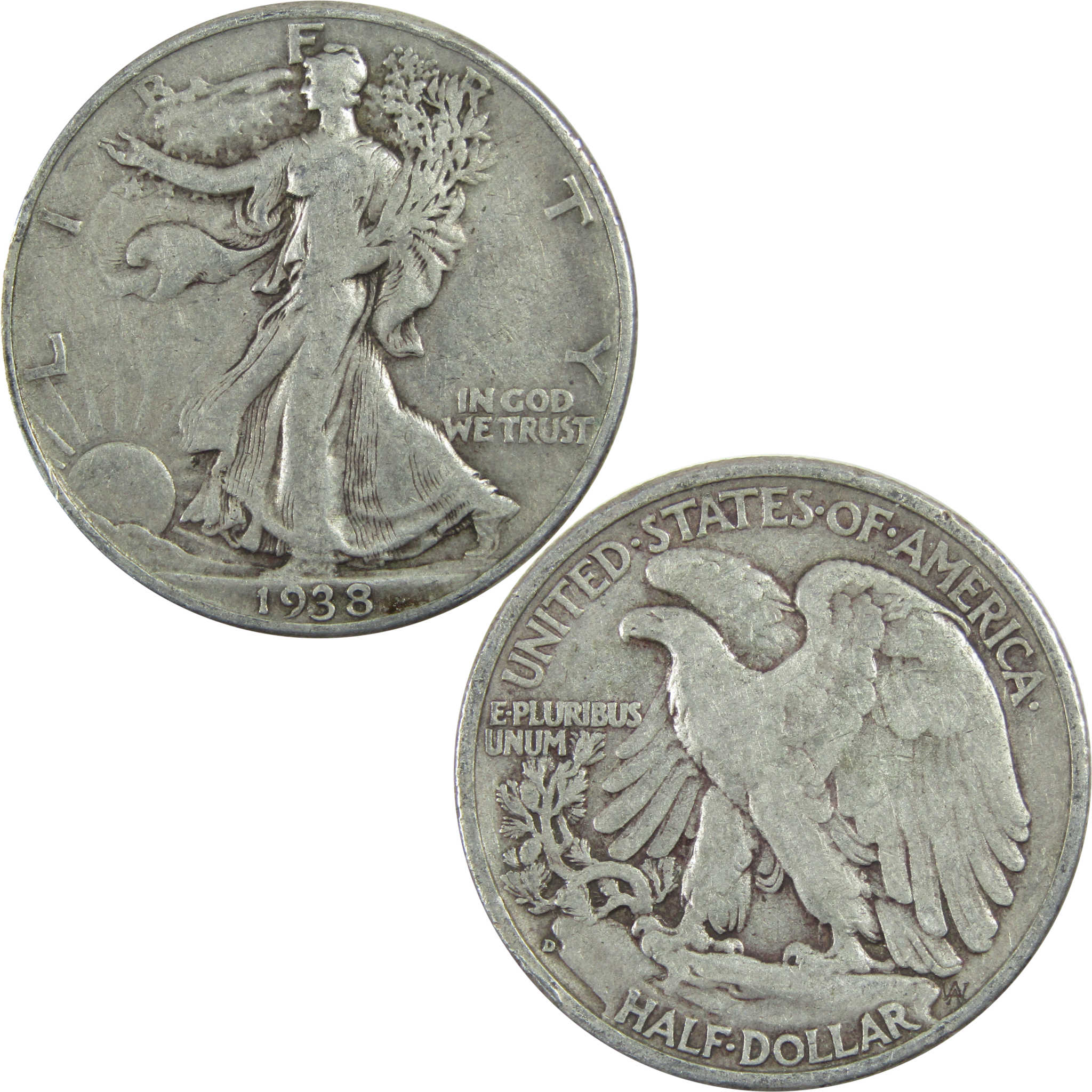 1938 D Liberty Walking Half Dollar F Fine Silver 50c Coin SKU:I13450