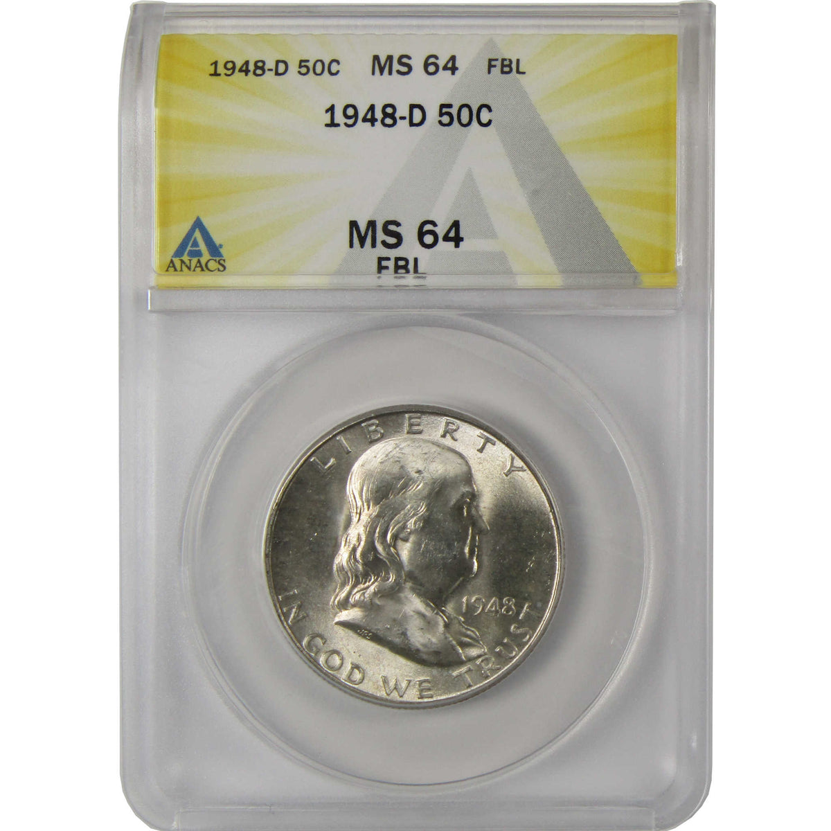 1948 D Franklin Silver Half Dollar MS 64 FBL ANACS 50c Coin SKU:I28778