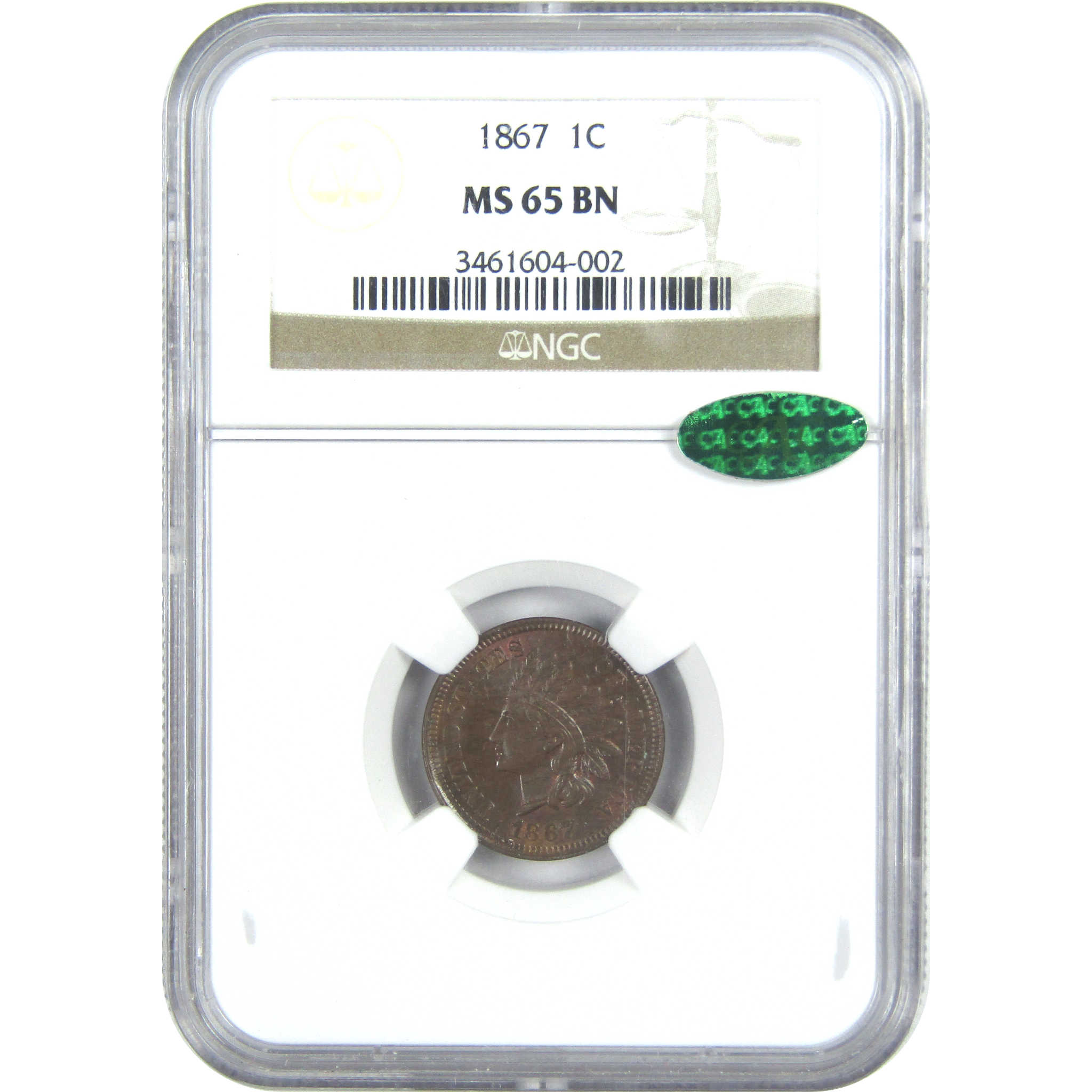 1867 Indian Head Cent MS 65 BN NGC CAC 1c Uncirculated Coin SKU:I15678