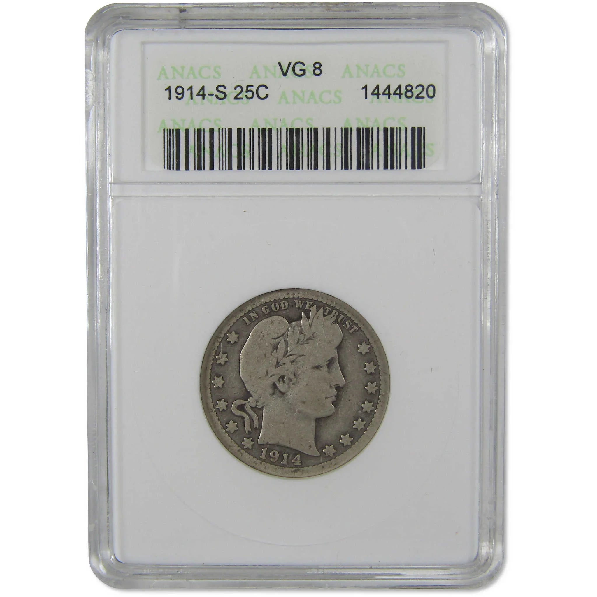 1914 S Barber Silver Quarter VG 8 ANACS 25c Coin Collectible