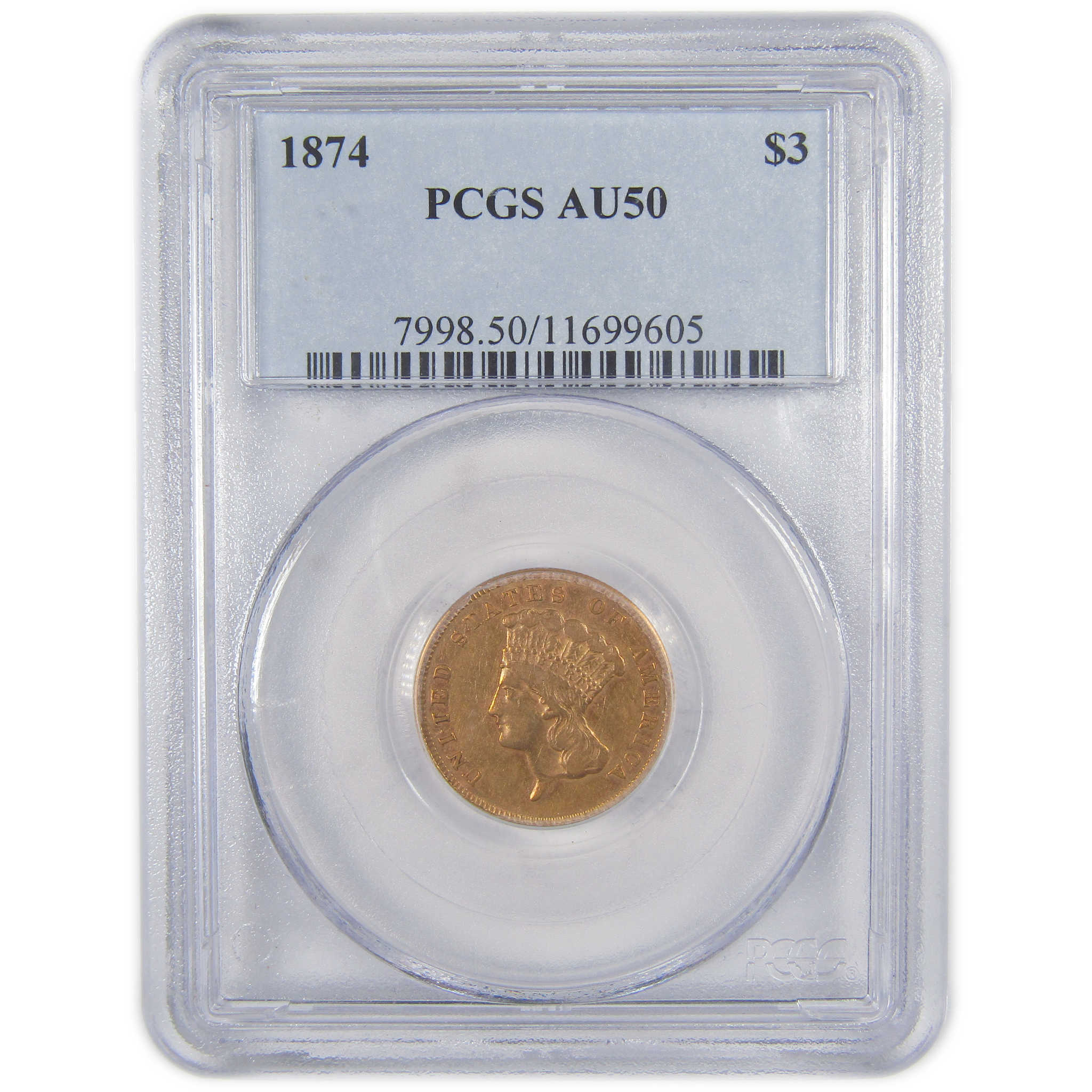 1874 Indian Princess Head AU 50 PCGS Gold $3 Coin SKU:I16765