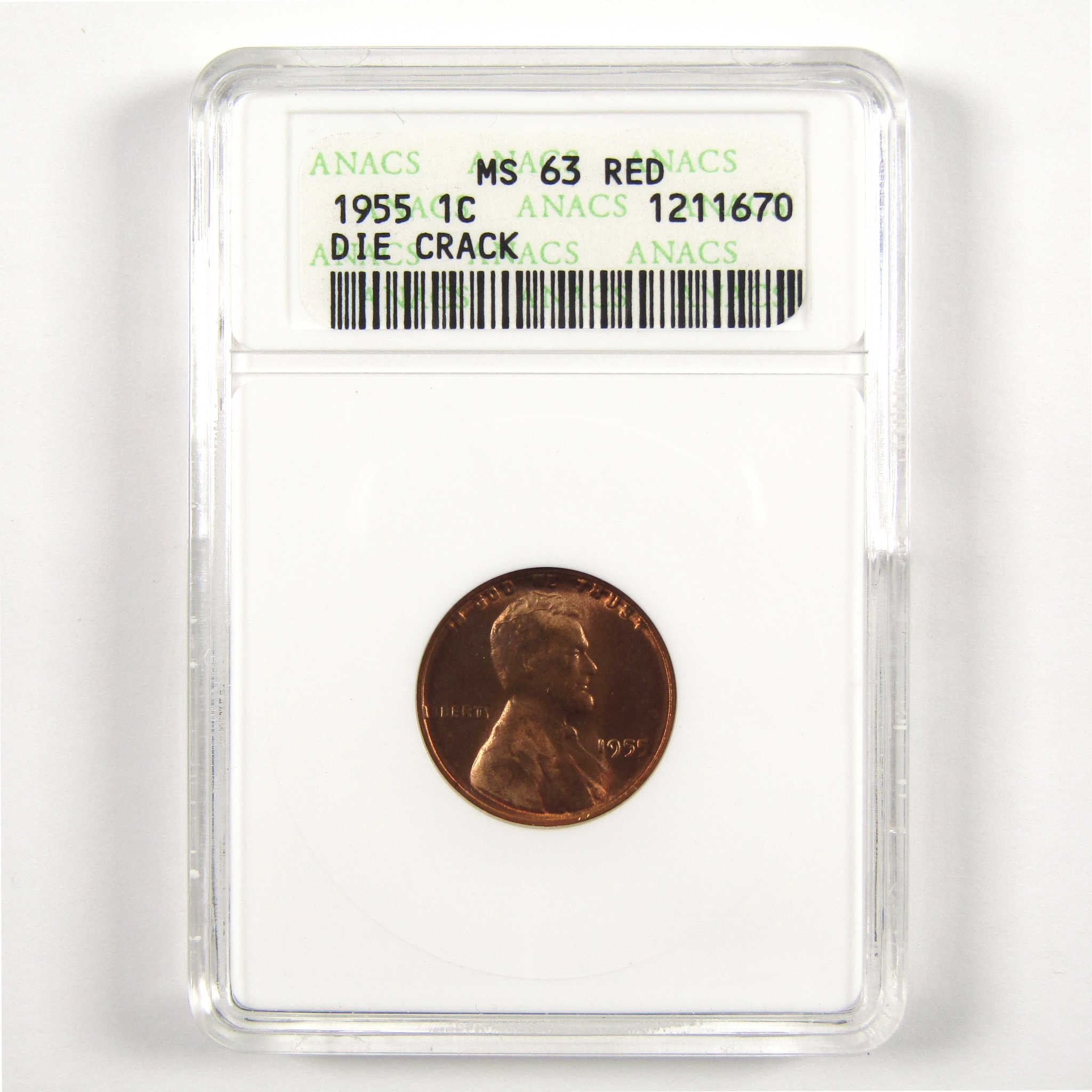 1955 Die Crack Lincoln Wheat Cent MS 63 RD ANACS Penny SKU:CPC5660
