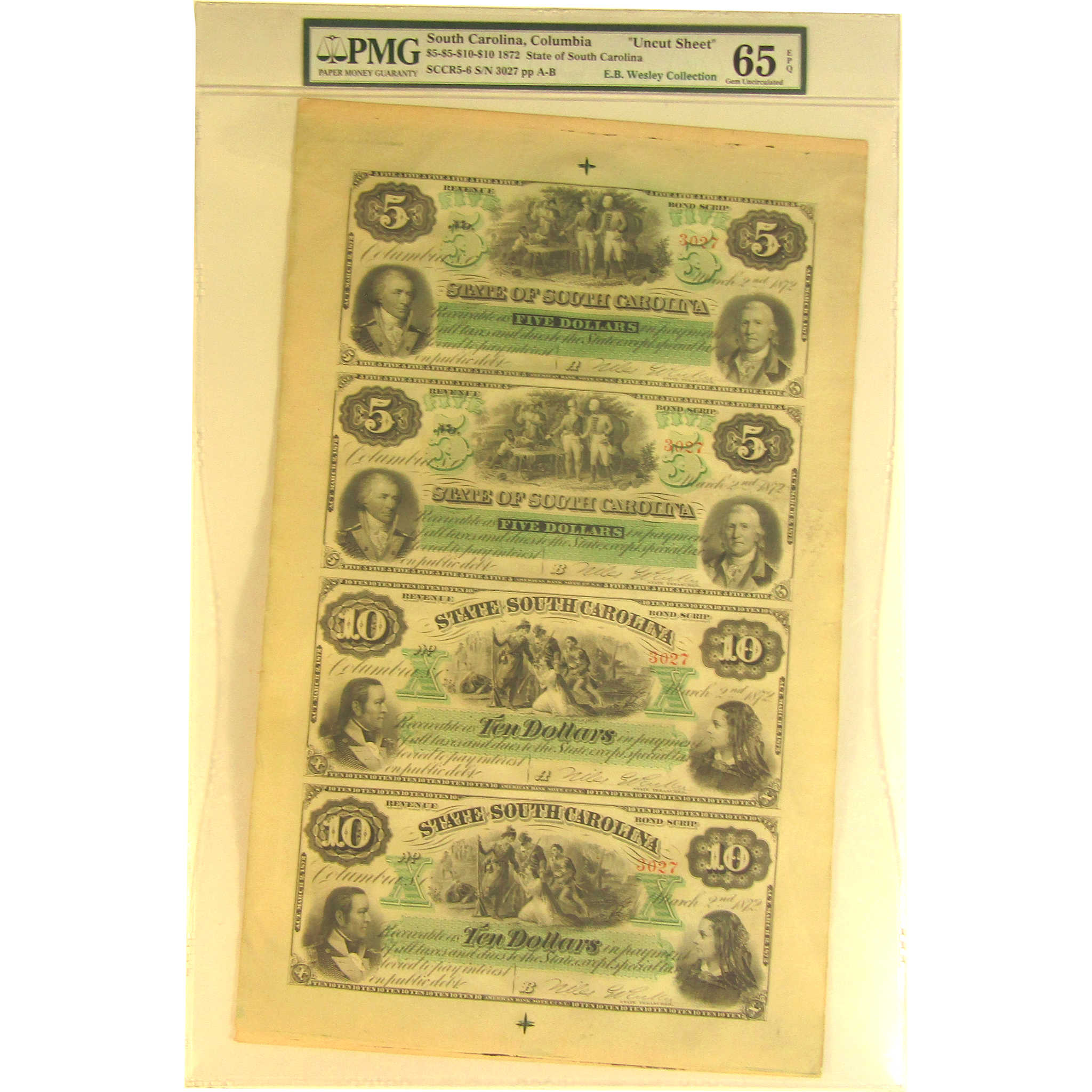 1872 $5/$10 South Carolina Uncut Sheet Gem Unc 65 EPQ PMG SKU:CPC9598