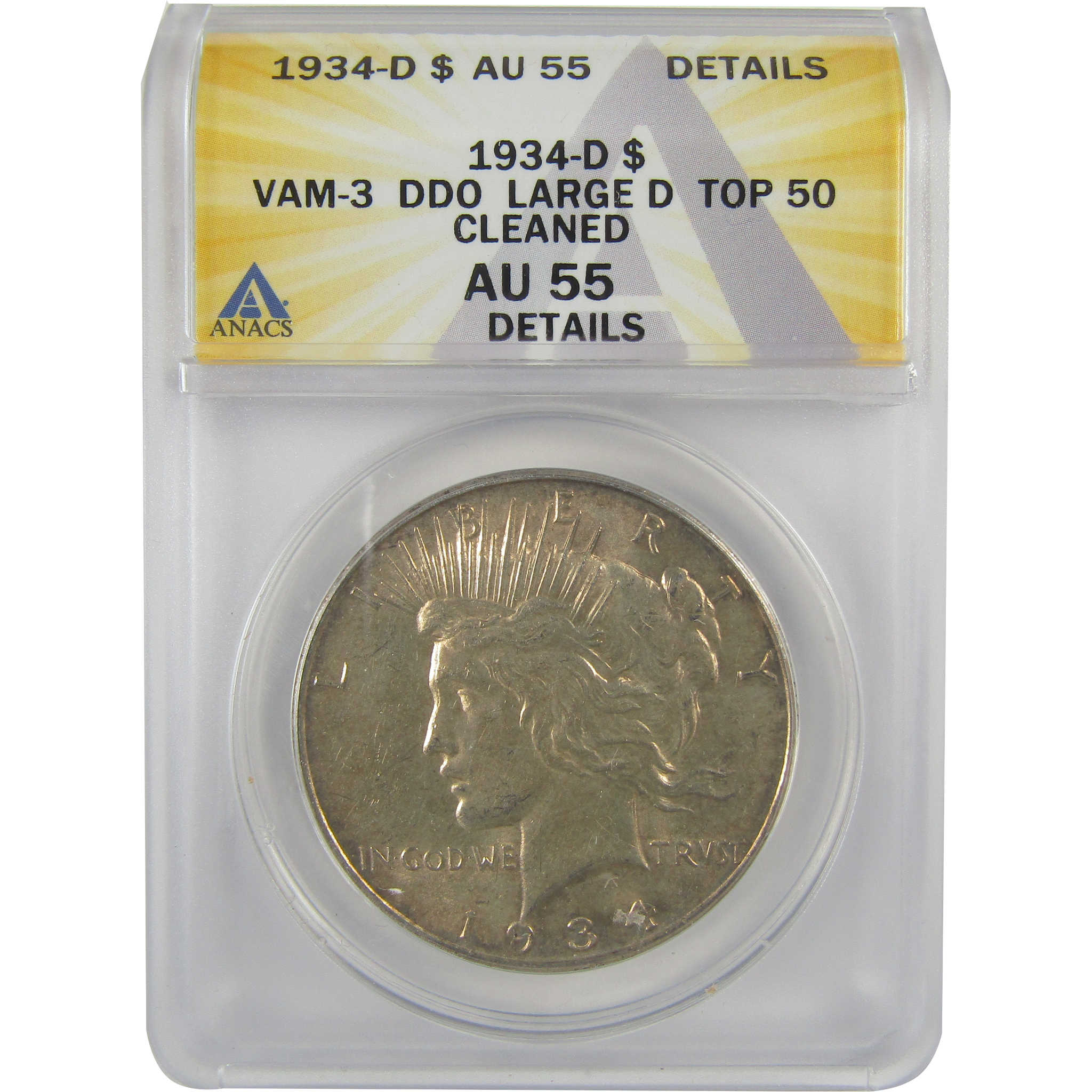 1934 D VAM-3 DDO Large D Peace Dollar AU 55 Details ANACS SKU:I21601