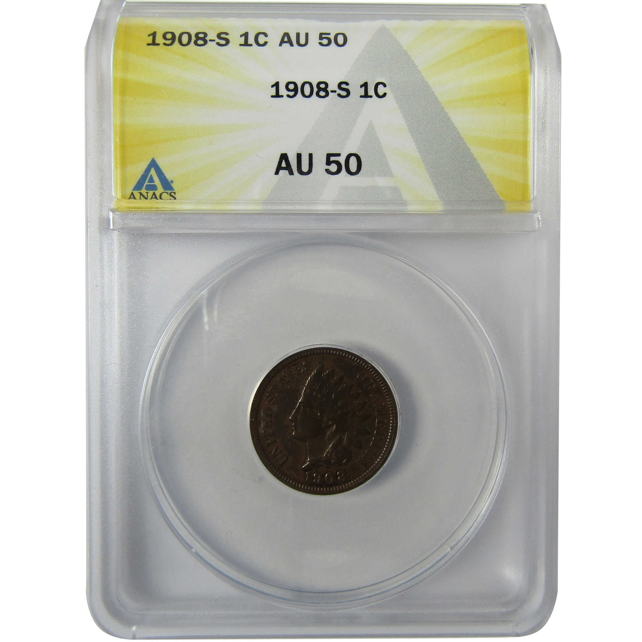 1908 S Indian Head Cent AU 50 ANACS Penny 1c Coin SKU:I27943