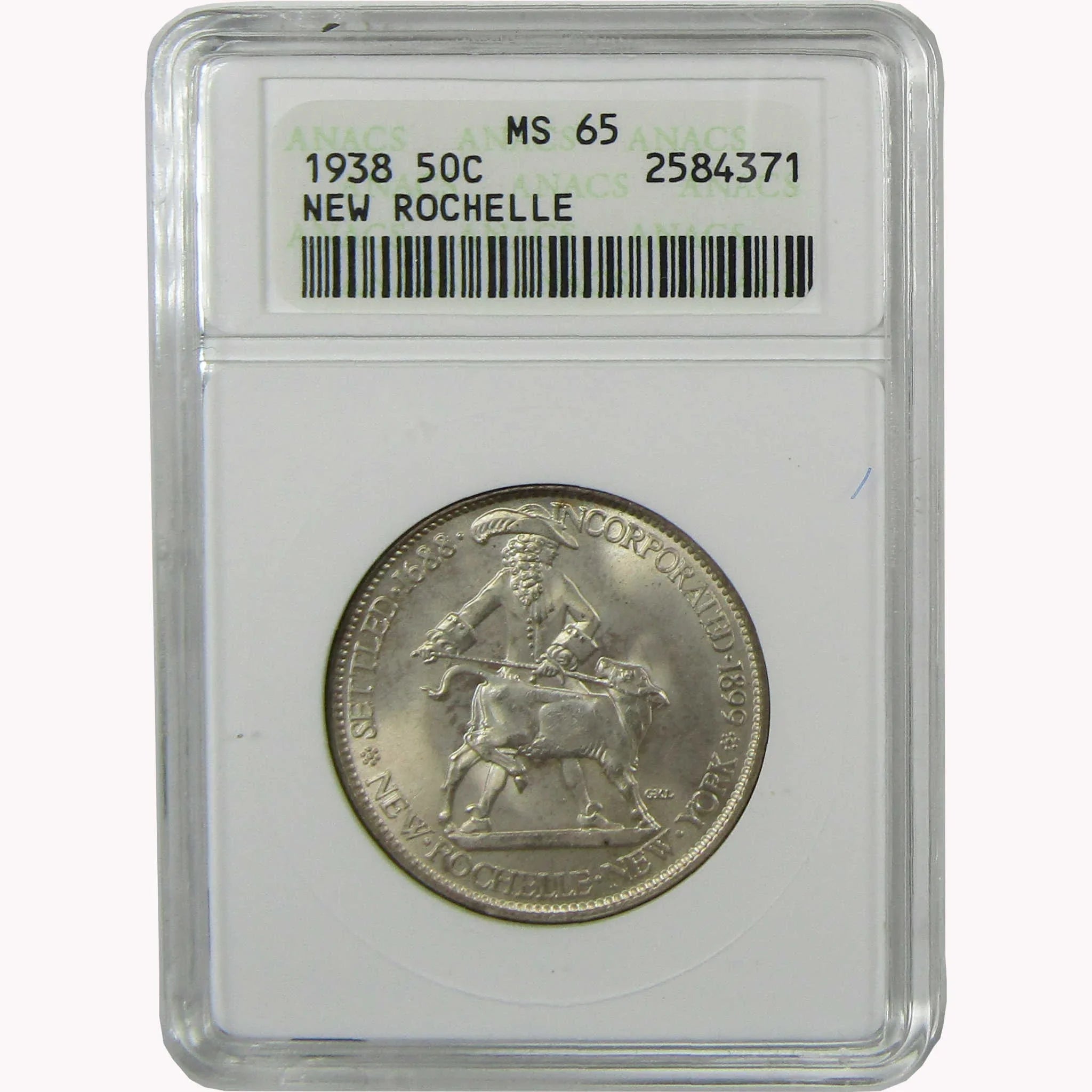 1938 New Rochelle New York Commemorative Silver 50C MS 65 ANACS