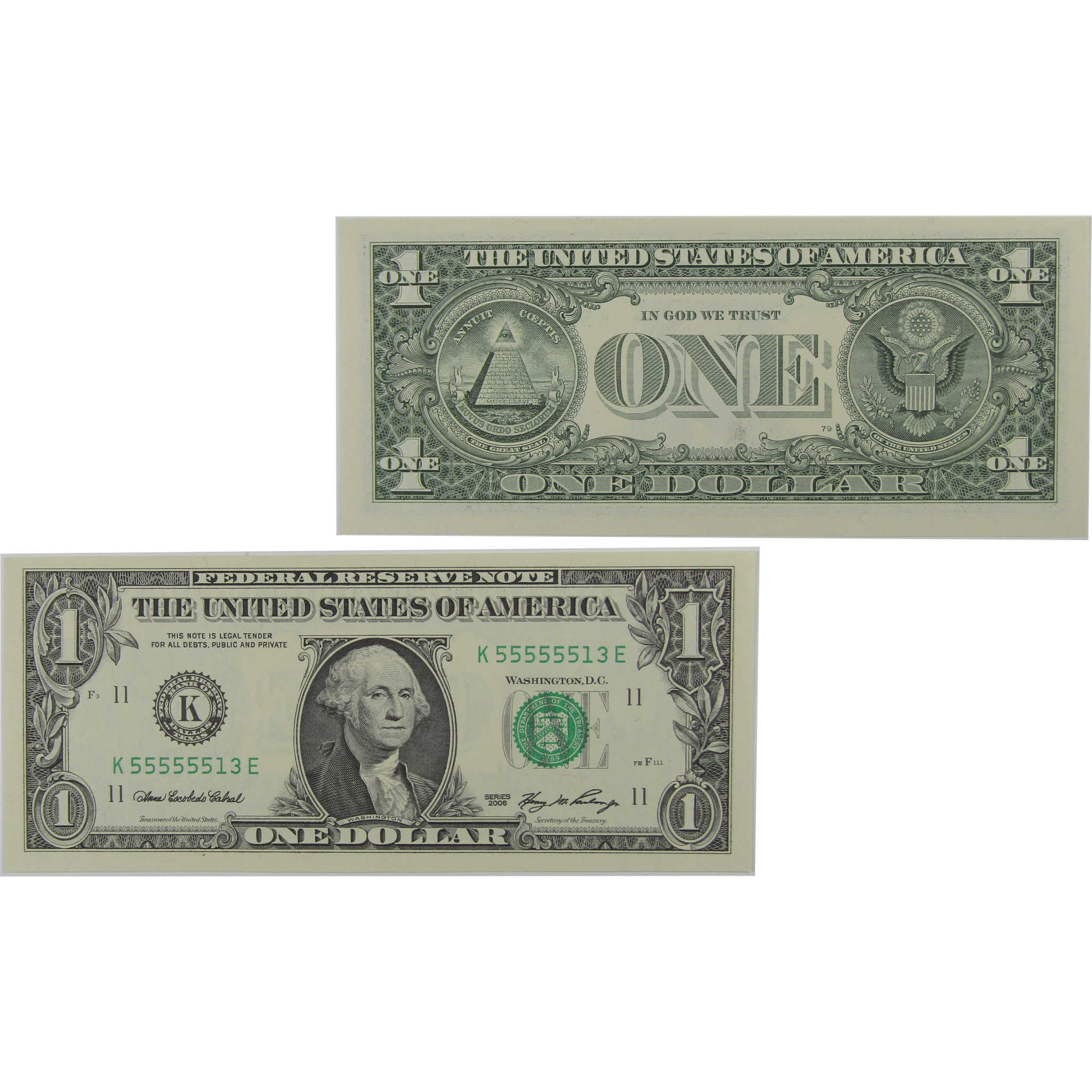 2006 $1 Federal Reserve Note Uncirculated Serial Block Starts Six 5's