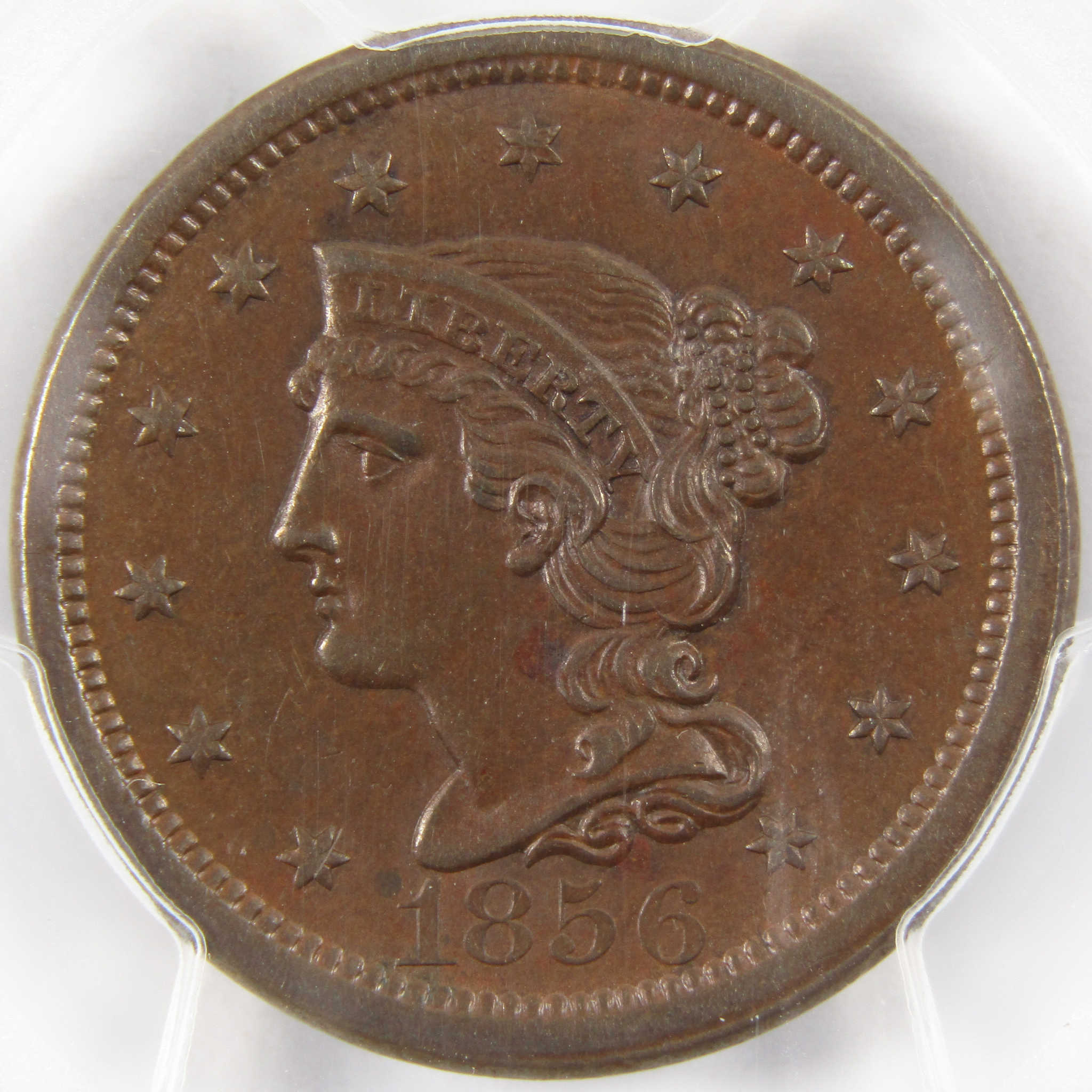 1856 Upright 5 Braided Hair Large Cent MS 62 BN PCGS 1c SKU:I9609