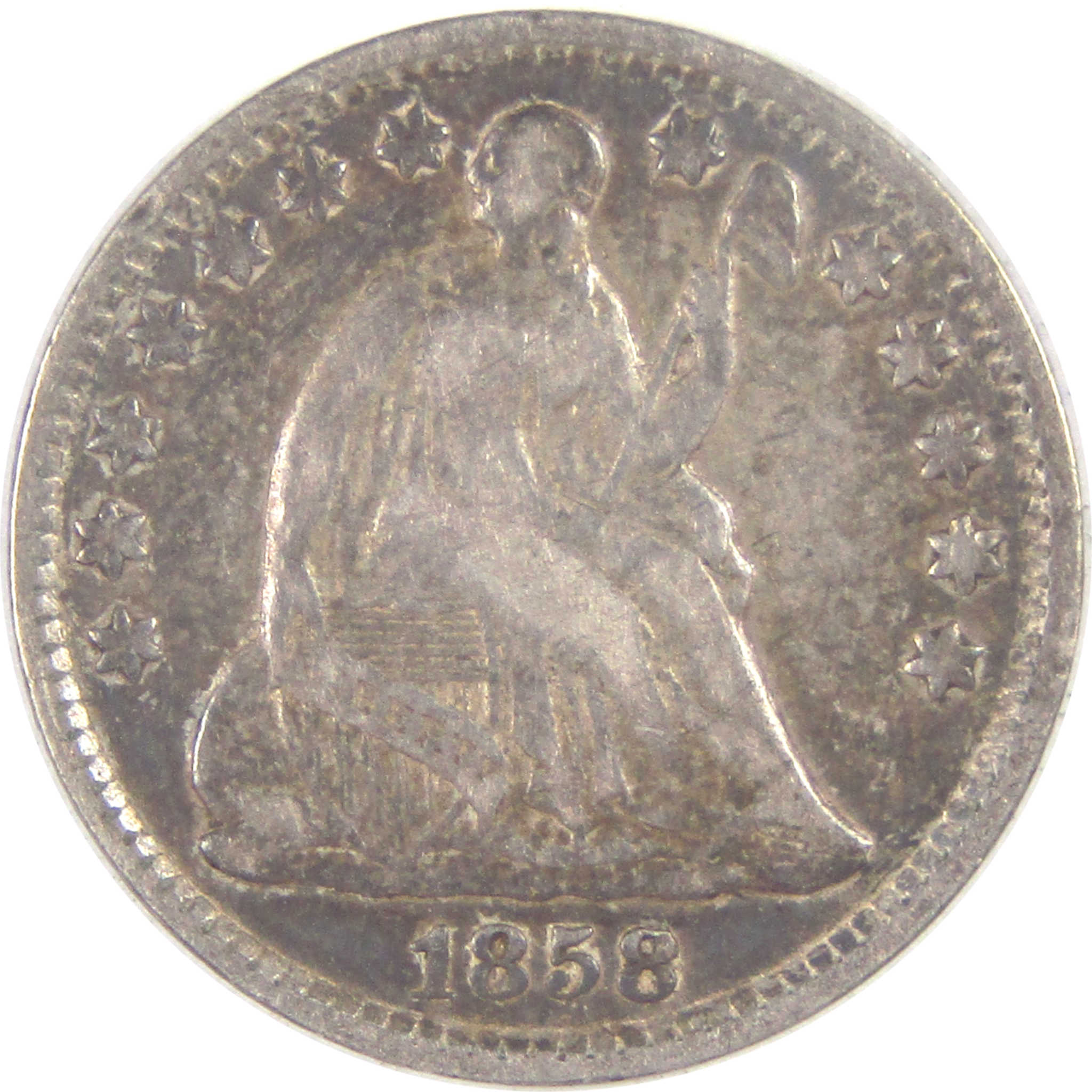 1858 Seated Liberty Half Dime F Fine Silver 5c Coin SKU:I16932