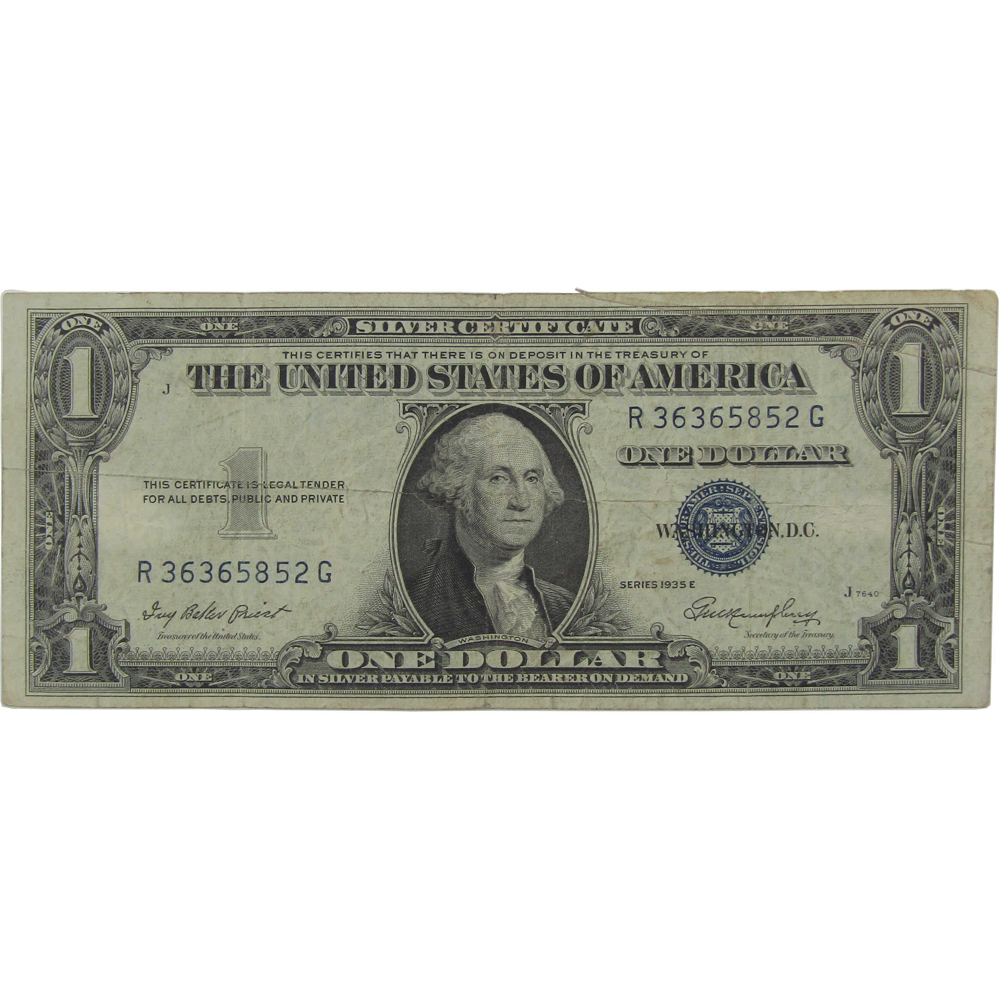 1935 E $1 Small Size Silver Certificate Note F Fine Gutter Fold