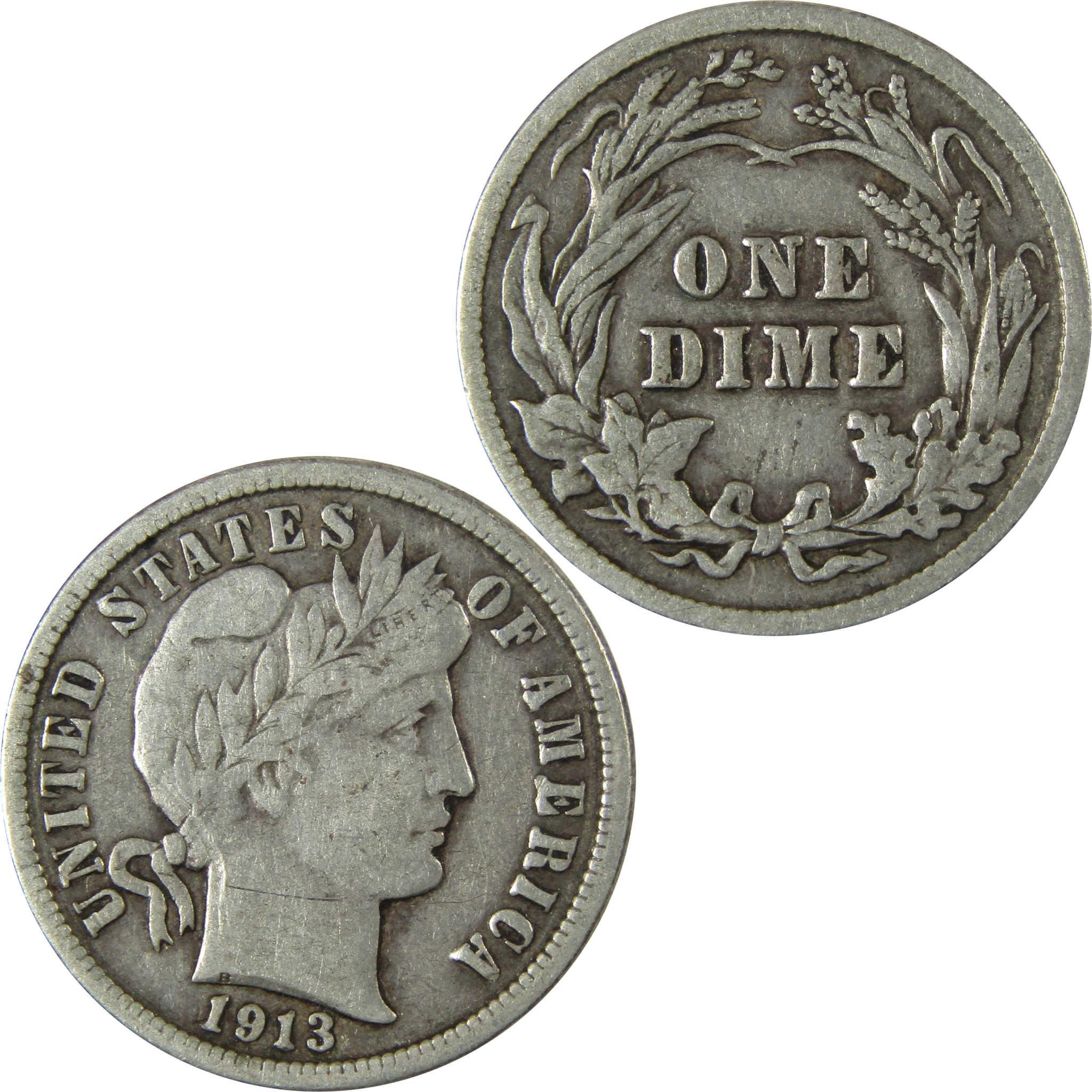 1913 Barber Silver Dime F Fine 10c Coin Collectible SKU:CP983