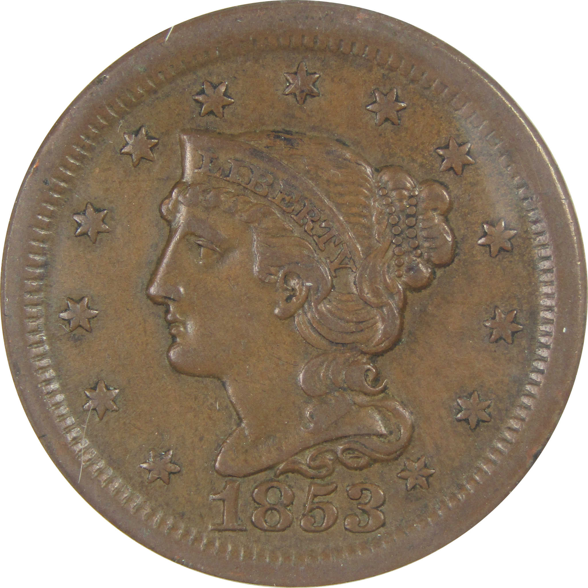 1853 Braided Hair Large Cent AU 50 ANACS Copper Penny 1c SKU:I16259